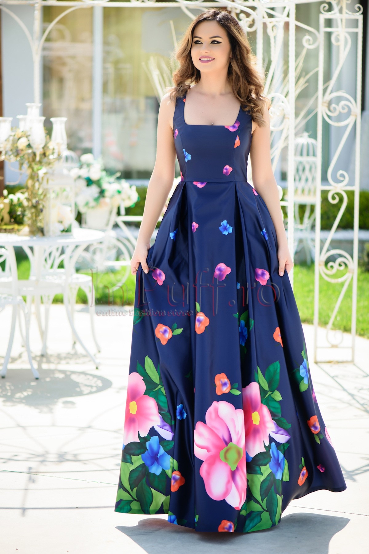 Rochie MBG de seara lunga bleumarin cu imprimeu floral
