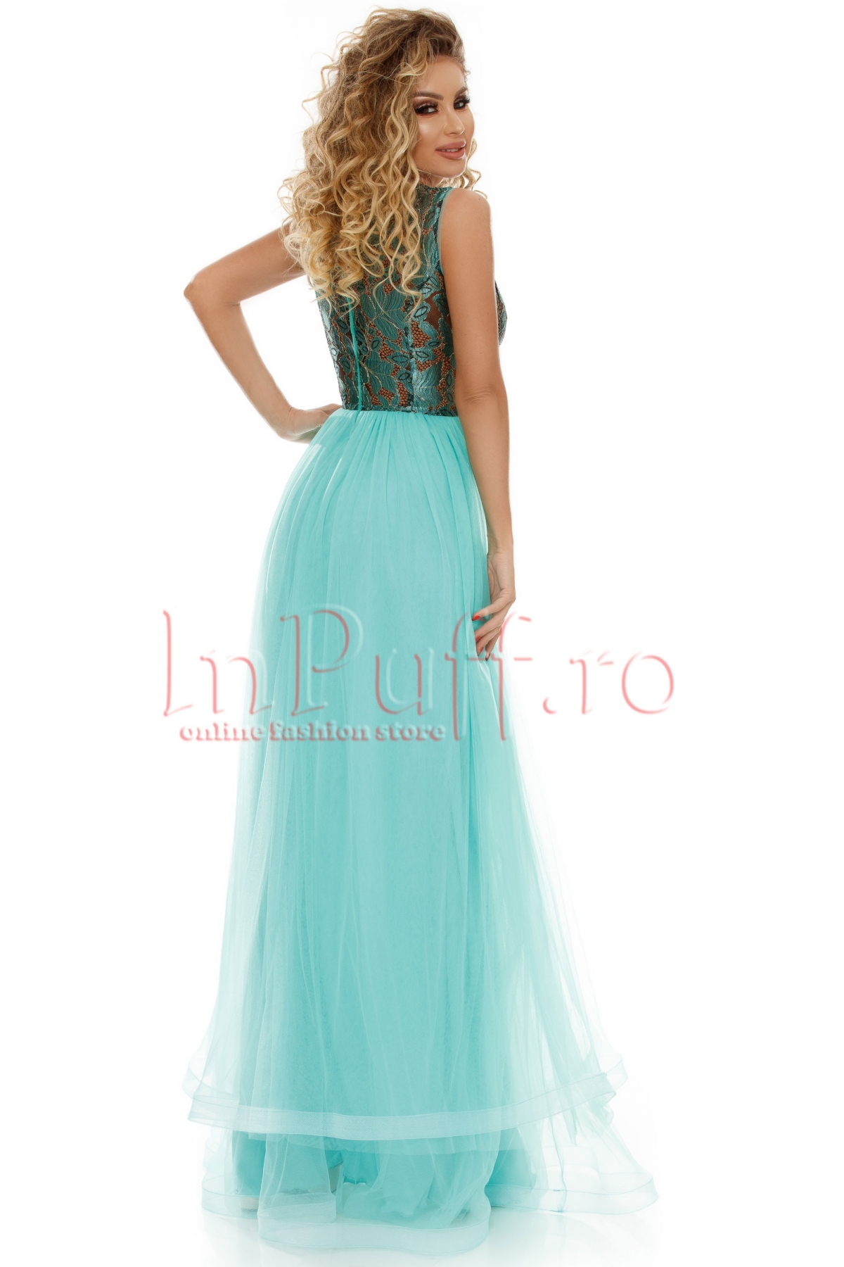 Rochie Atmosphere lunga din tul mint cu dantela verde in zona bustului