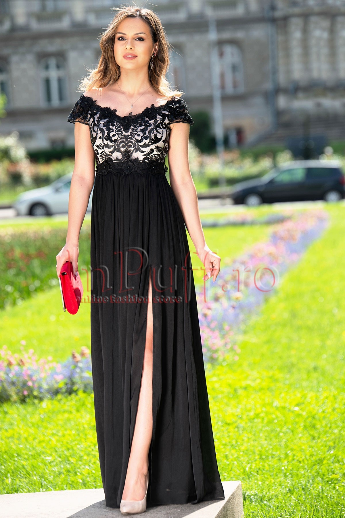 Rochie de seara neagra Agatha din dantela si triplu voal creponat