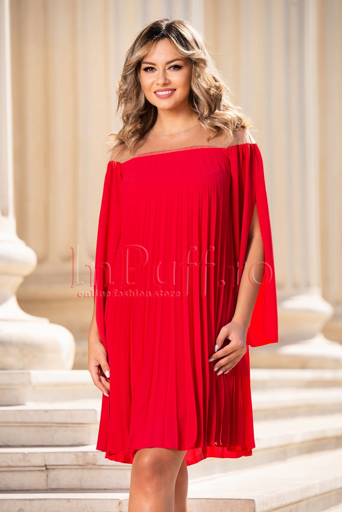 Rochie de seara rosie din voal plisat