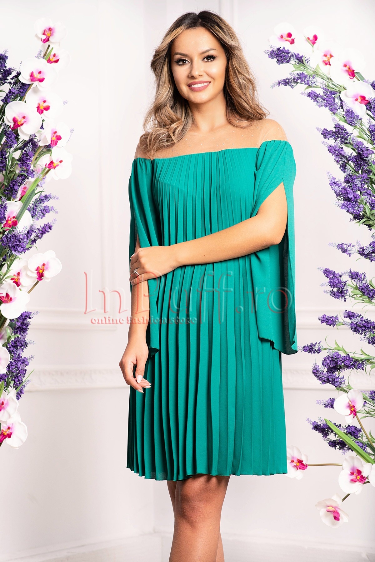 Rochie de seara verde din voal plisat