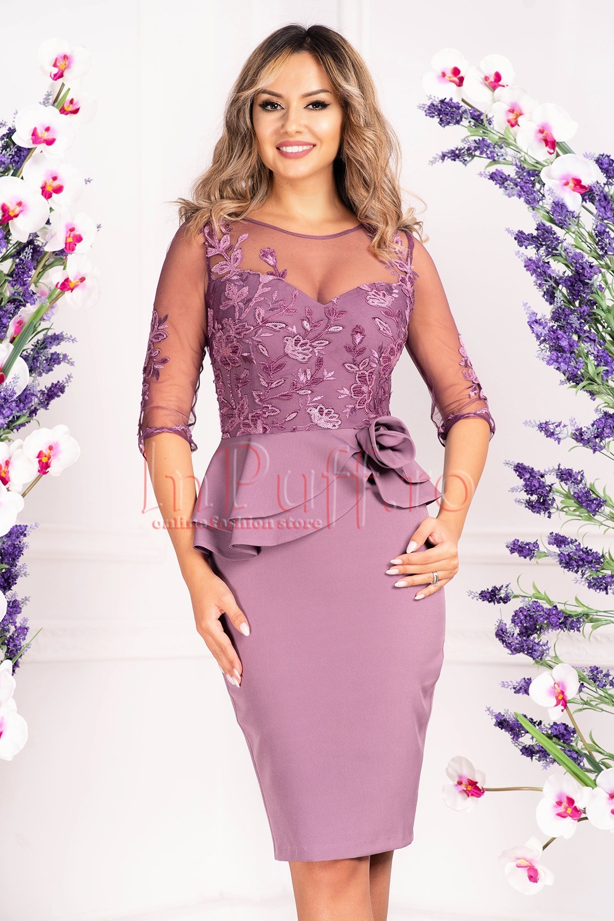 Rochie de ocazie lila cu tul brodat