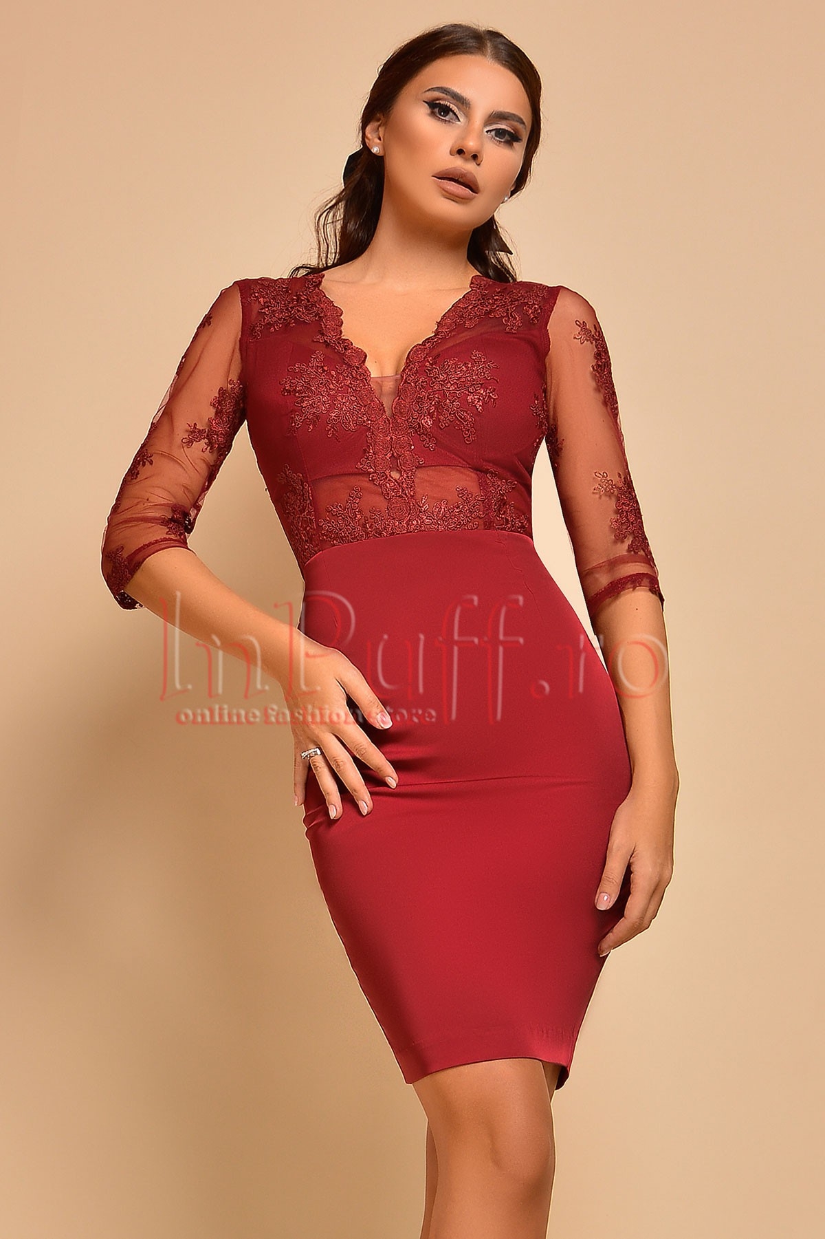 Rochie Atmosphere bordo de ocazie midi conica cu bust din tul brodat la reducere pret ieftin