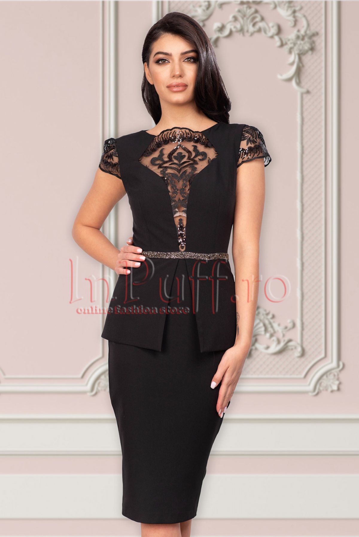 Rochie de ocazie MBG neagra din stofa cu decolteu transparent si strasuri in talie