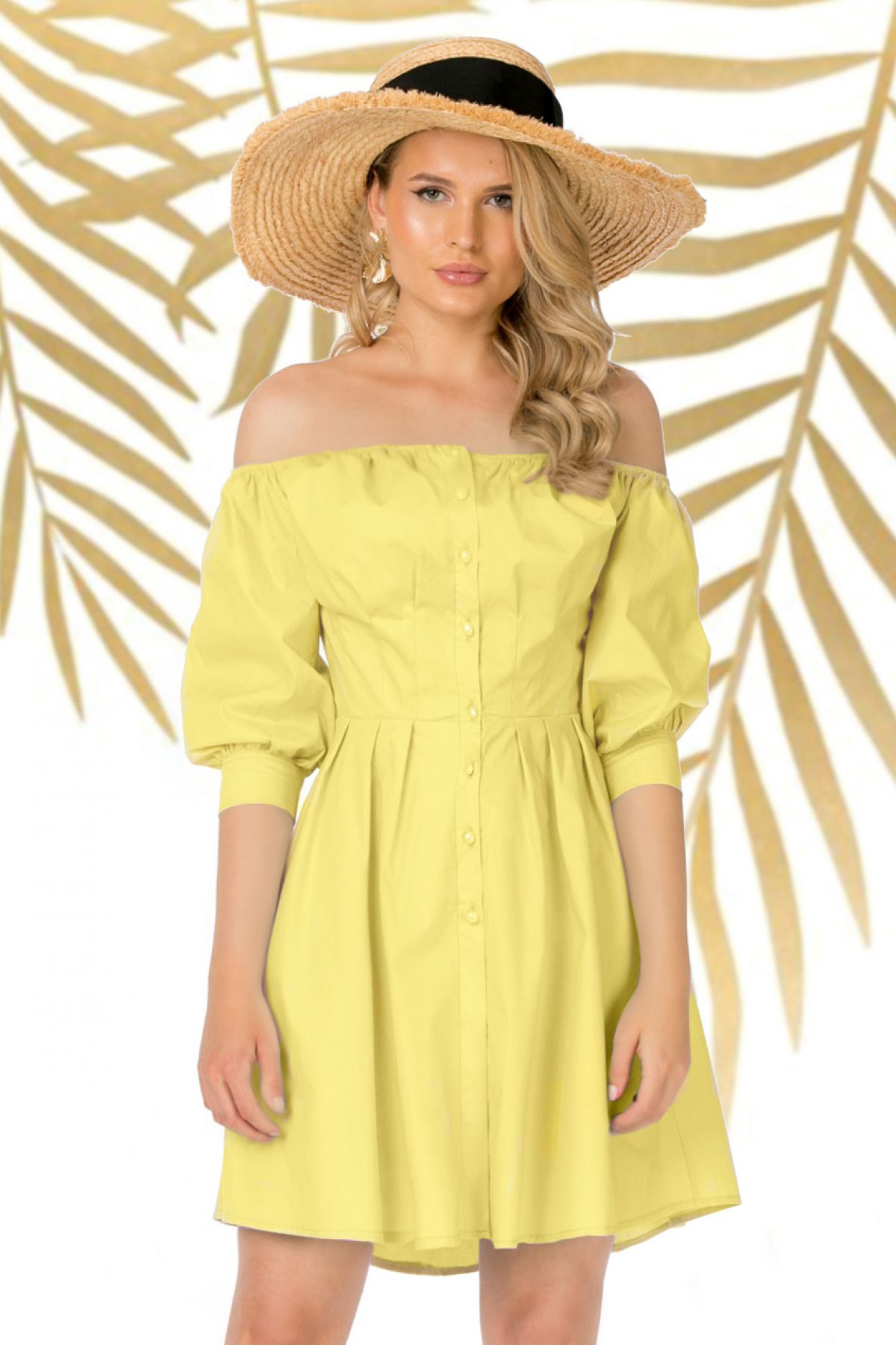 Rochie pretty girl de vara galbena din bumbac cu umerii goi