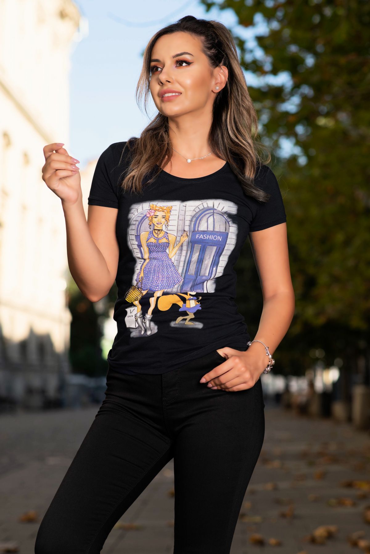 Tricou casual negru cu imprimeu fashion