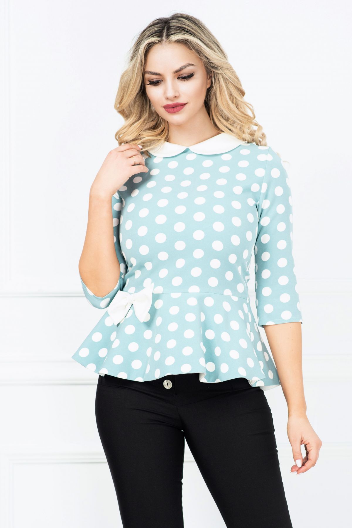 Bluza InPuff turquoise cu buline si peplum cu funda ecru in talie