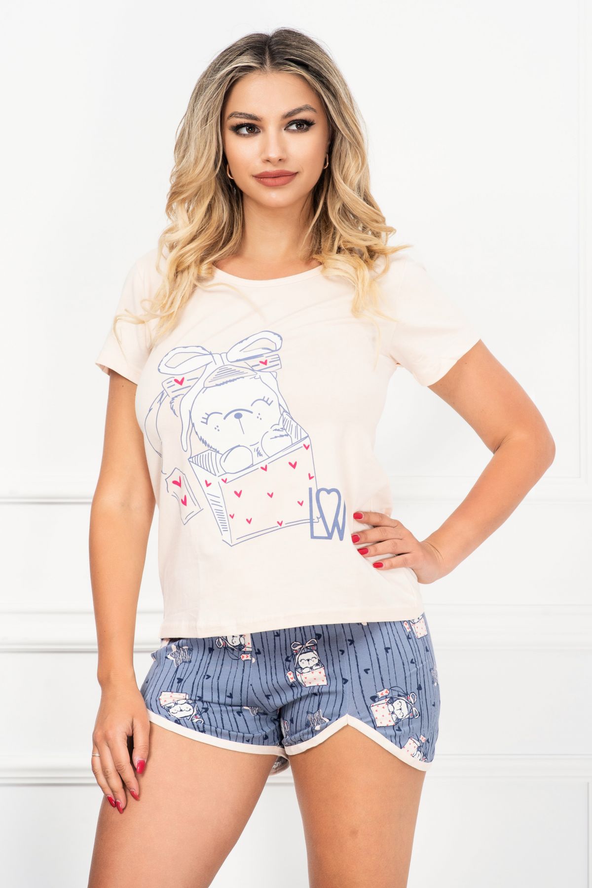 Pijama de dama trendy din doua piese cu imprimeu ursulet cu fundita