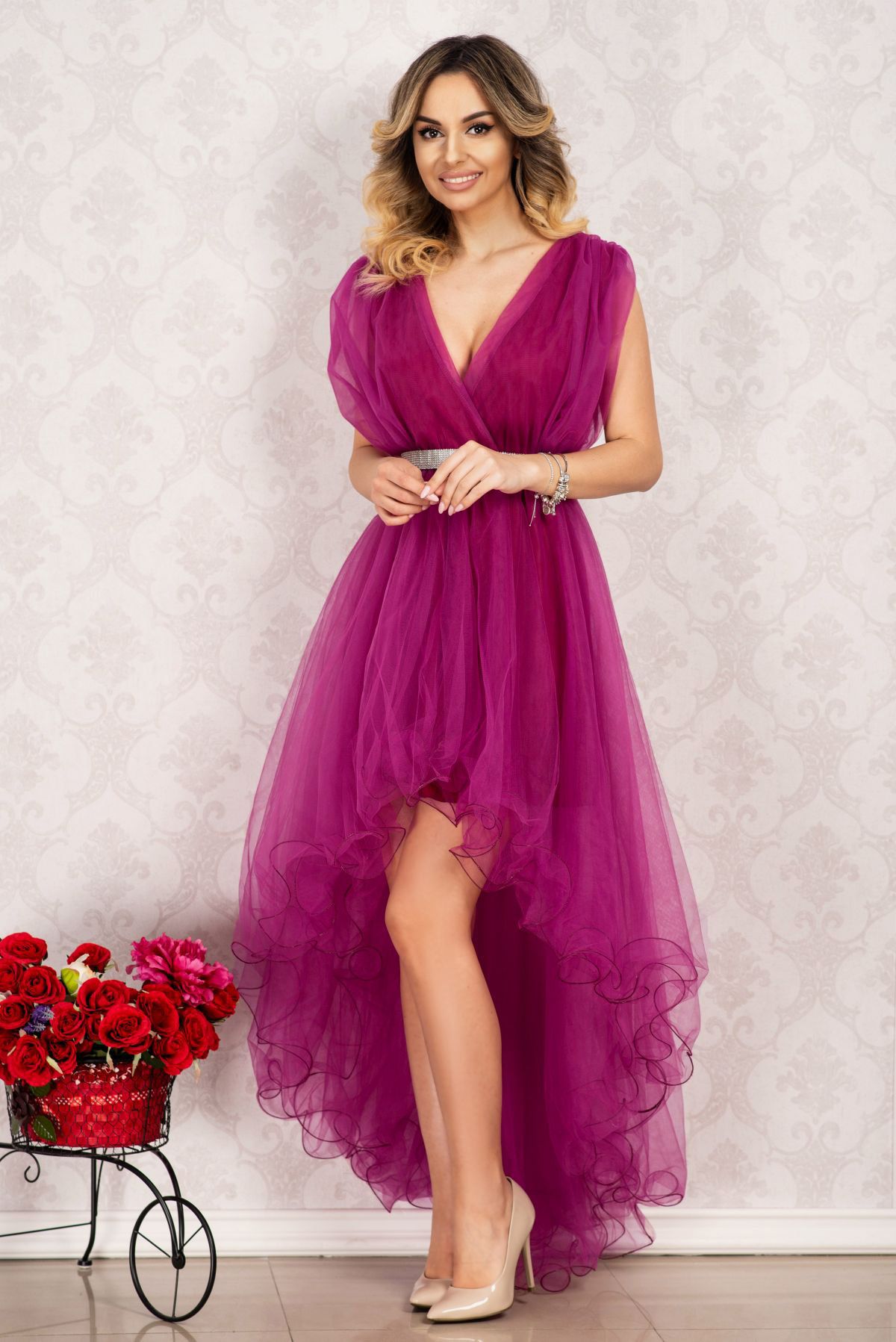 Rochie domnisoara de onoare asimetrica din tulle fucsia By InPuff