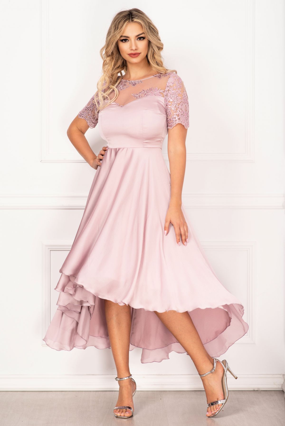 Rochie de seara rose asimetrica cu broderie si paiete