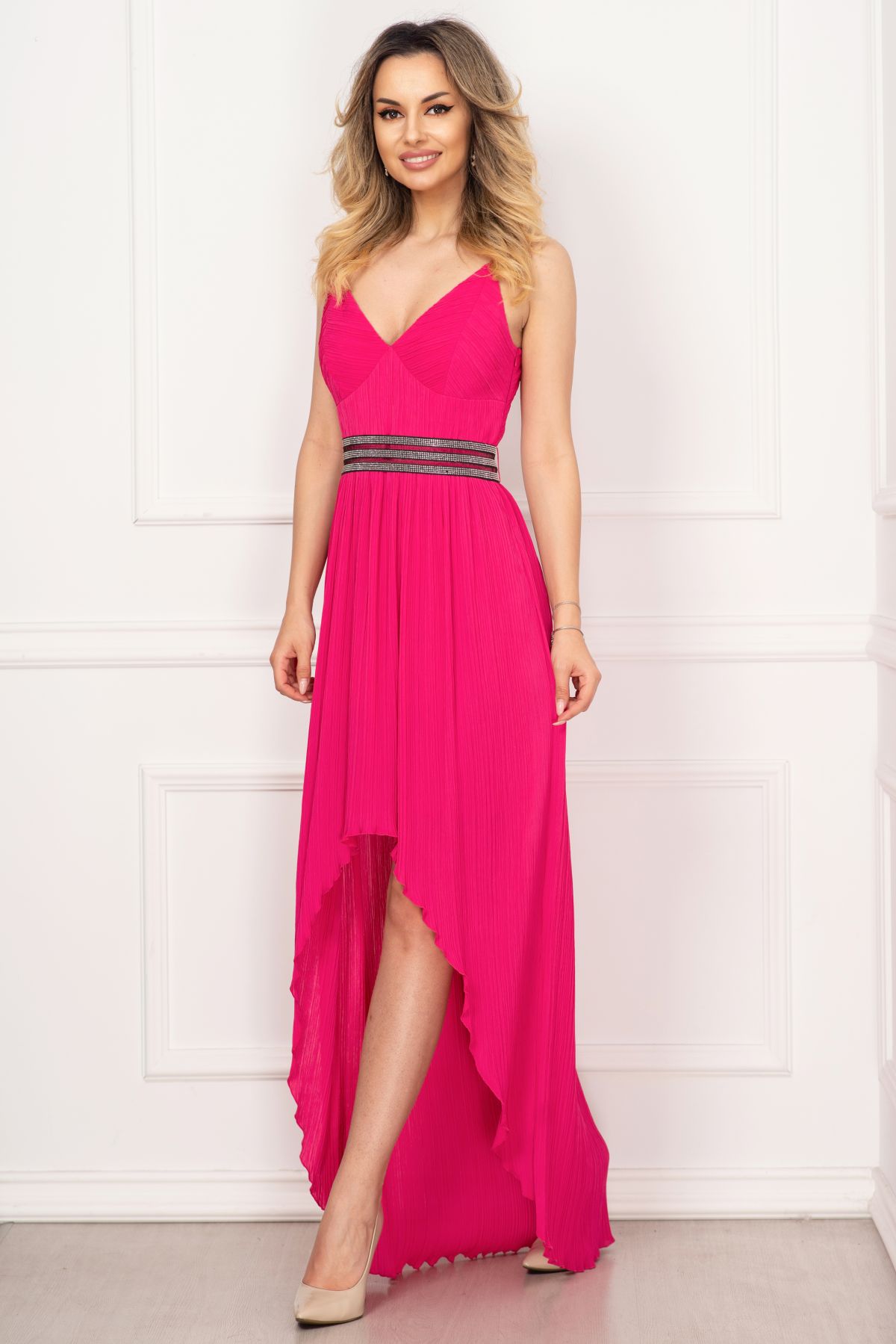 Rochie eleganta de seara Xara fucsia asimetrica plisata