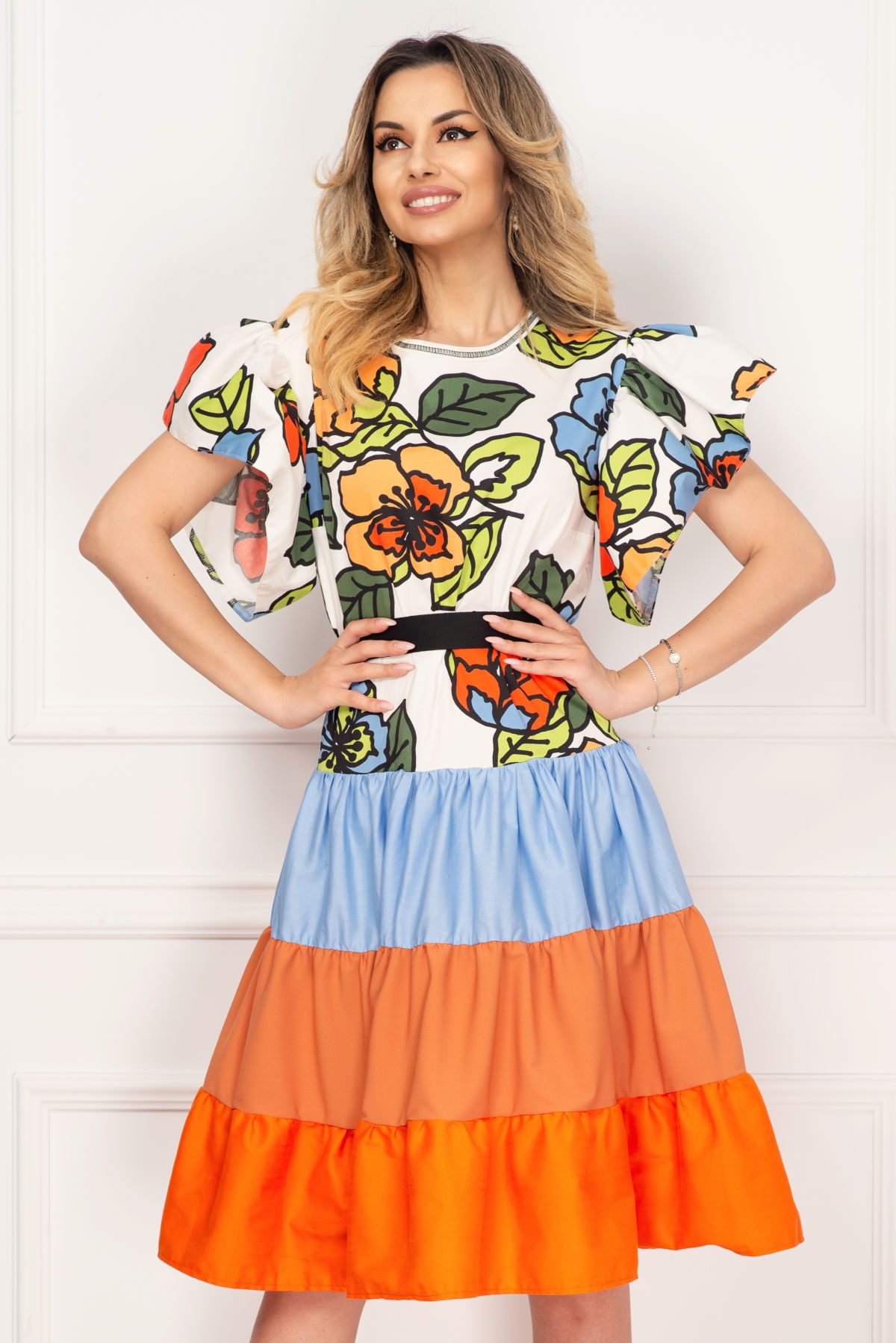 Rochie de vara cu volanase si imprimeu floral multicolor