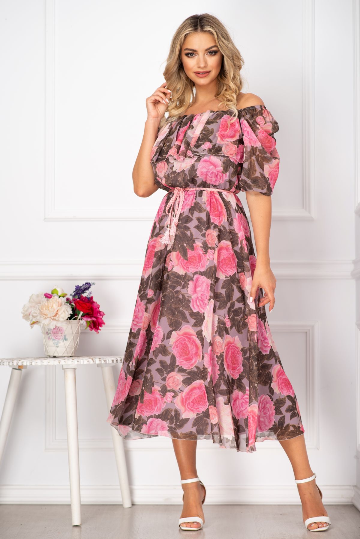 Rochie de vara cu print floral colorat vaporoasa trei sferturi din voal 2023 ❤️ Pret Super inpuff.ro imagine noua 2022