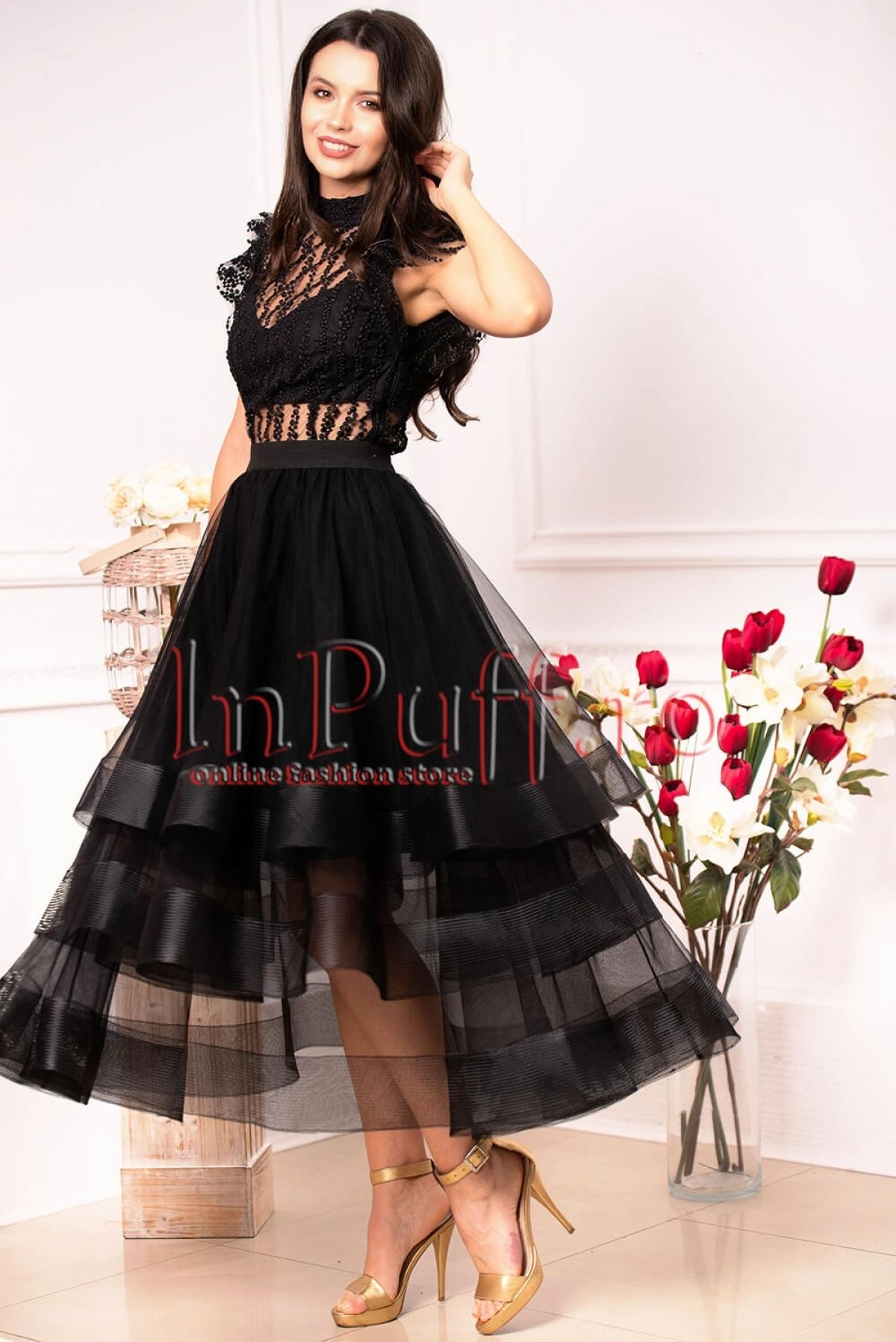 Fusta Effect eleganta neagra din tul cu volane in clos
