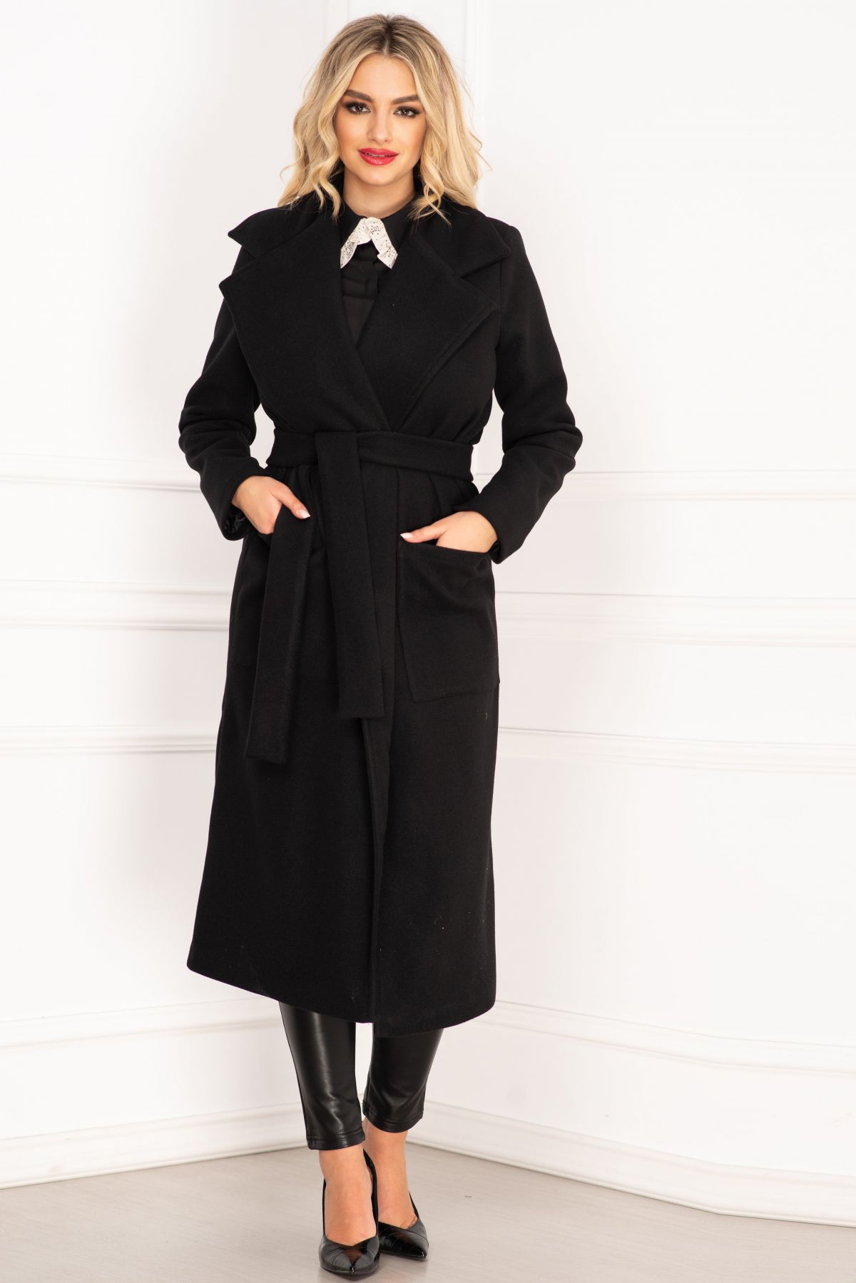 Palton dama elegant negru lung din stofa