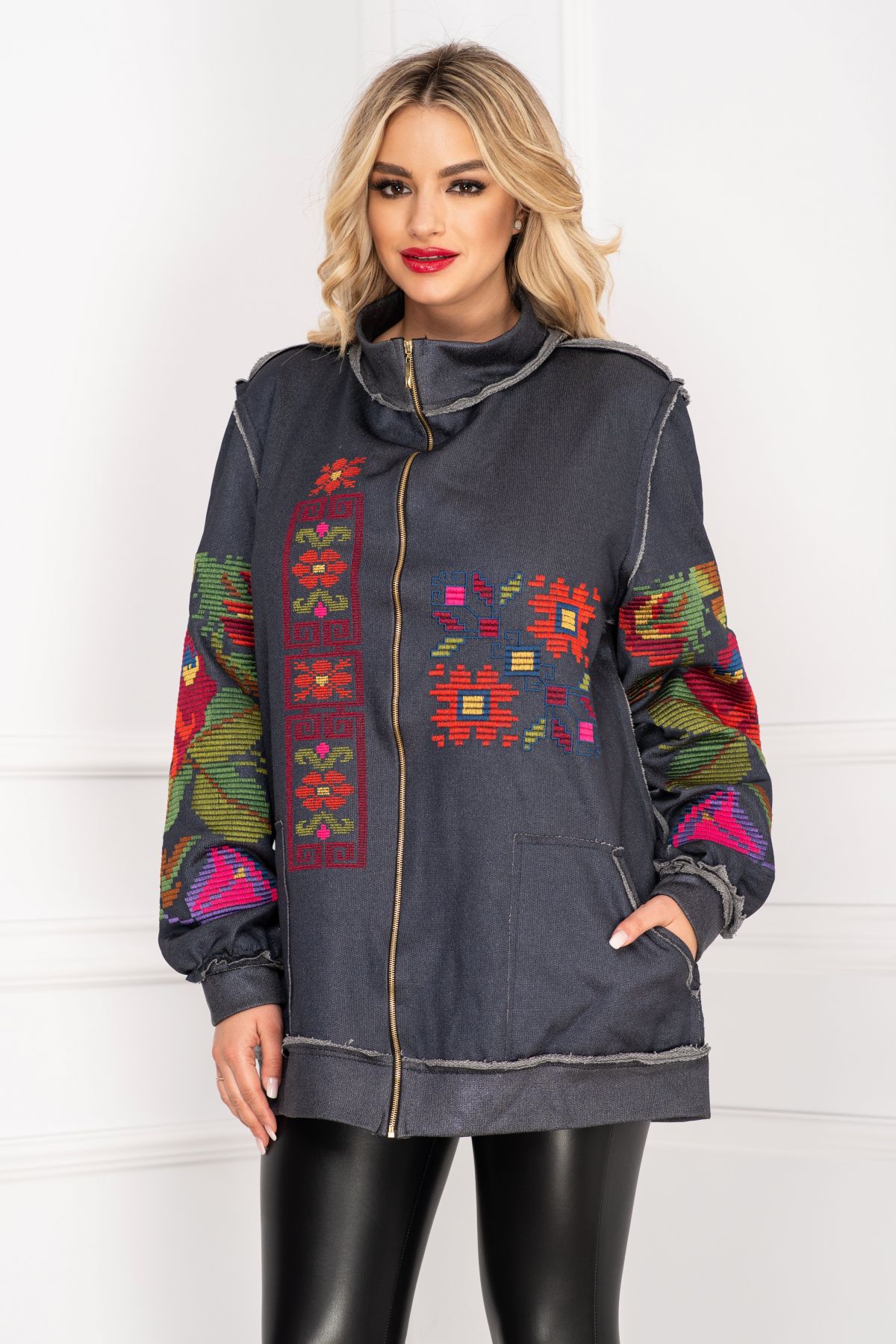 Jachetă casual Venezia gri din bumbac cu broderie florală