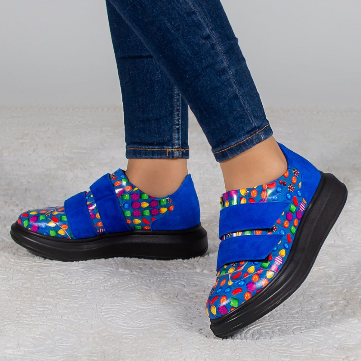 Pantofi casual Blue Candy Crush din piele cu barete