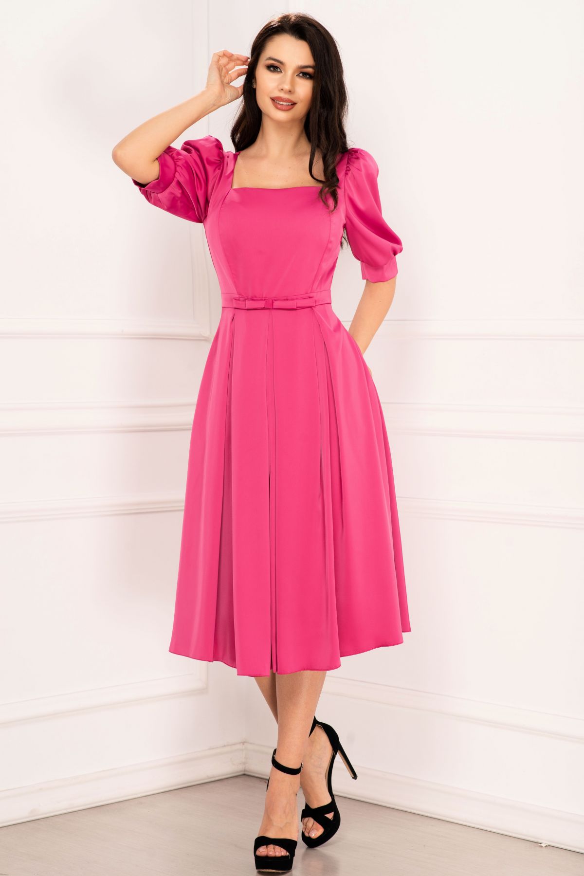 Rochie de ocazie valeria fucsia cu pliuri si maneci bufante