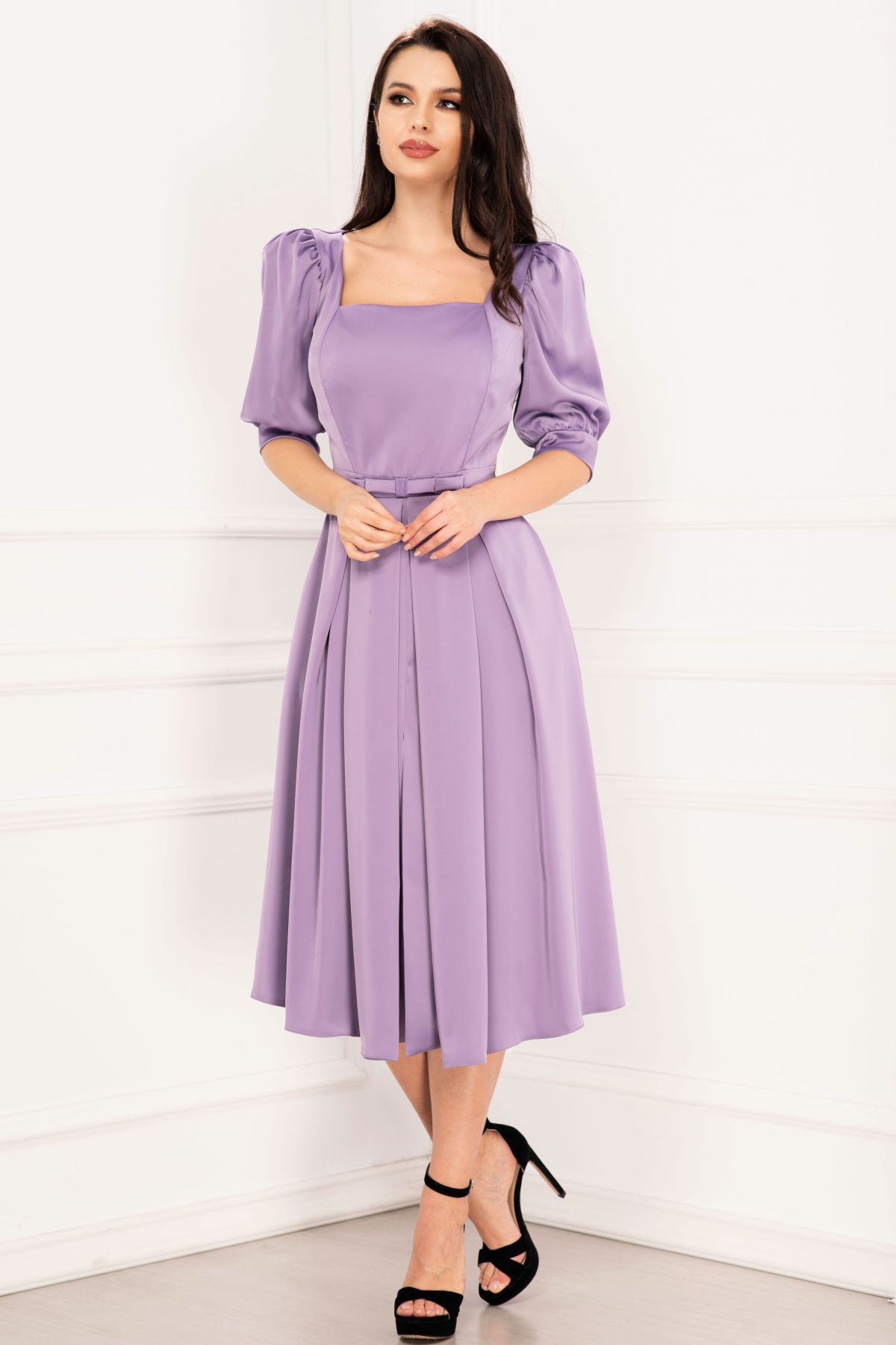 Rochie de ocazie Valeria lila cu pliuri si maneci bufante