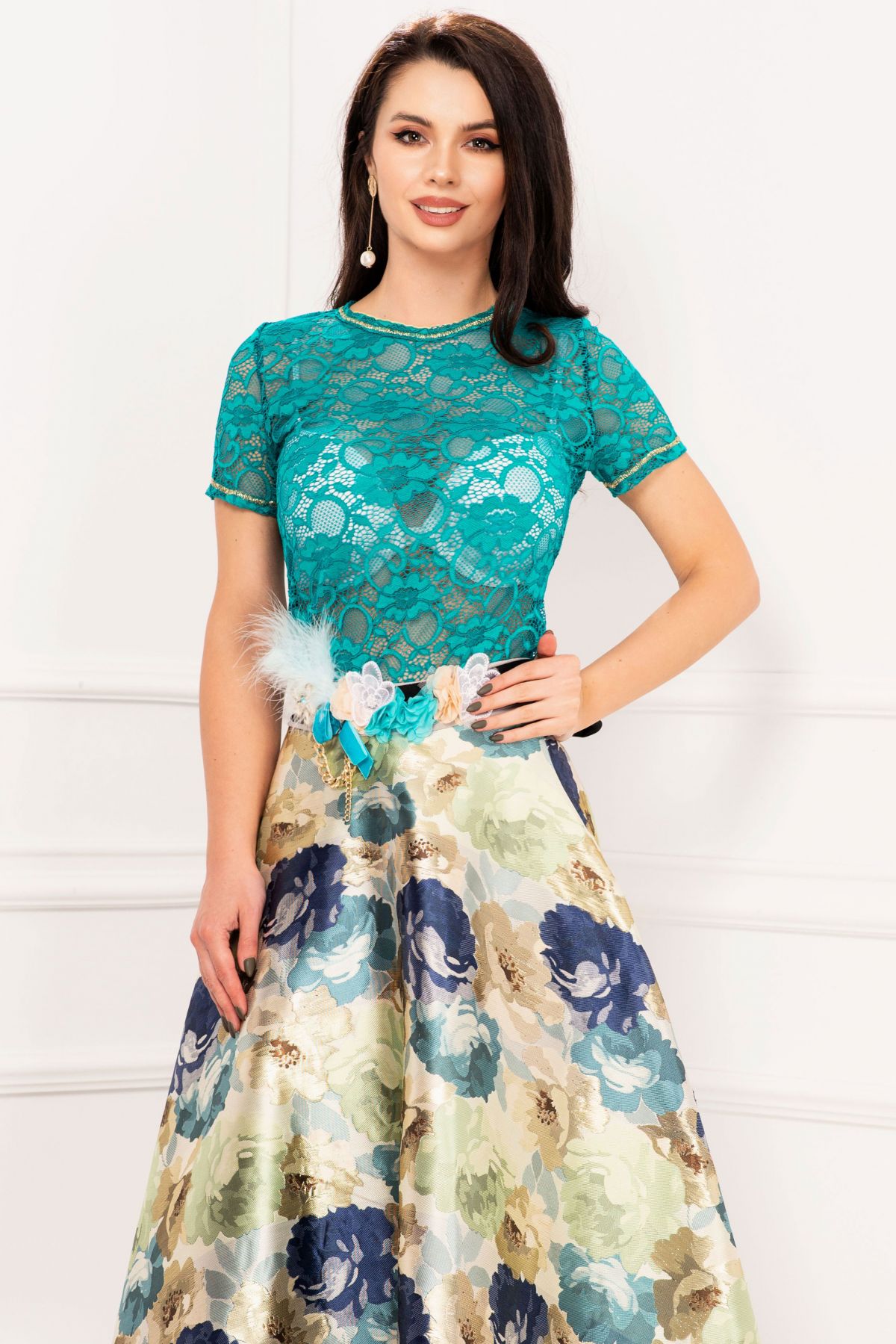 Bluza Venezia turquoise din dantela cu insertii de fir irizant