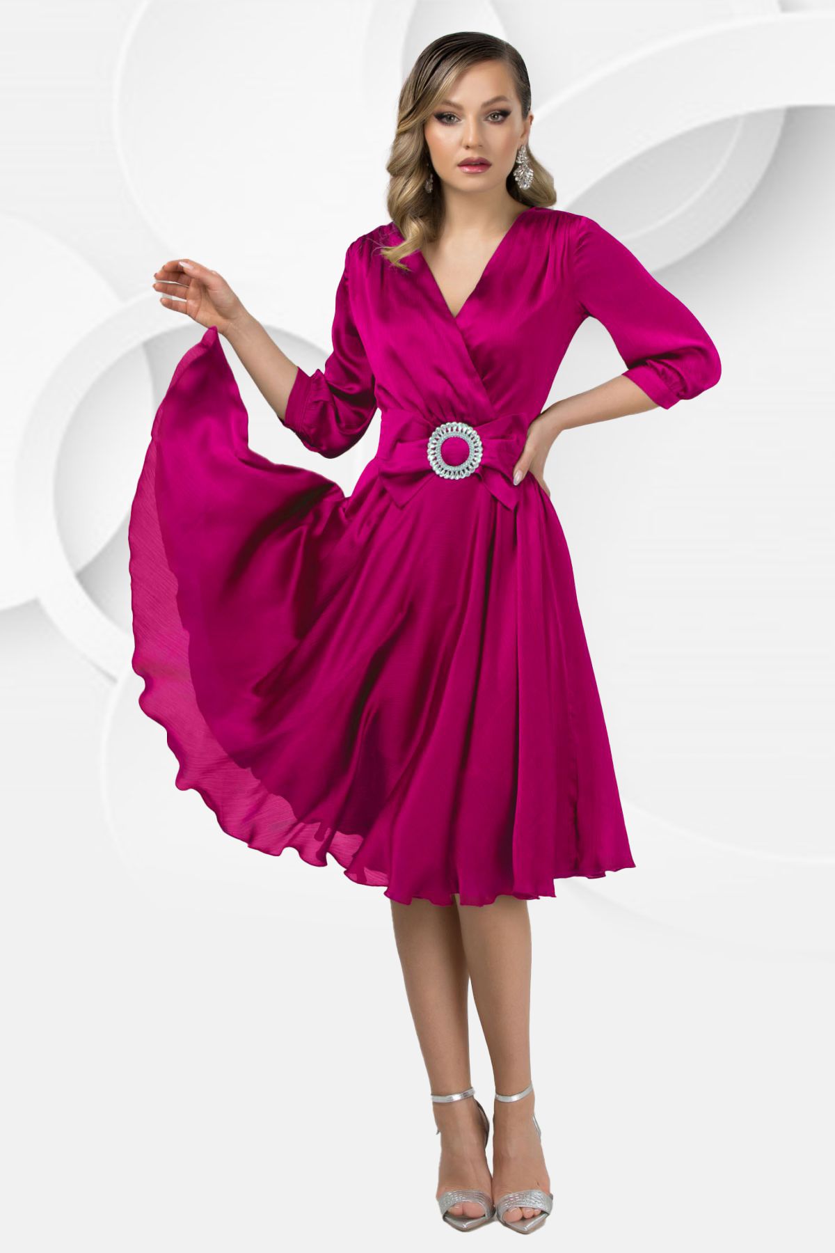 Rochie de ocazie eleganta Pretty Girl fucsia cu funda in talie