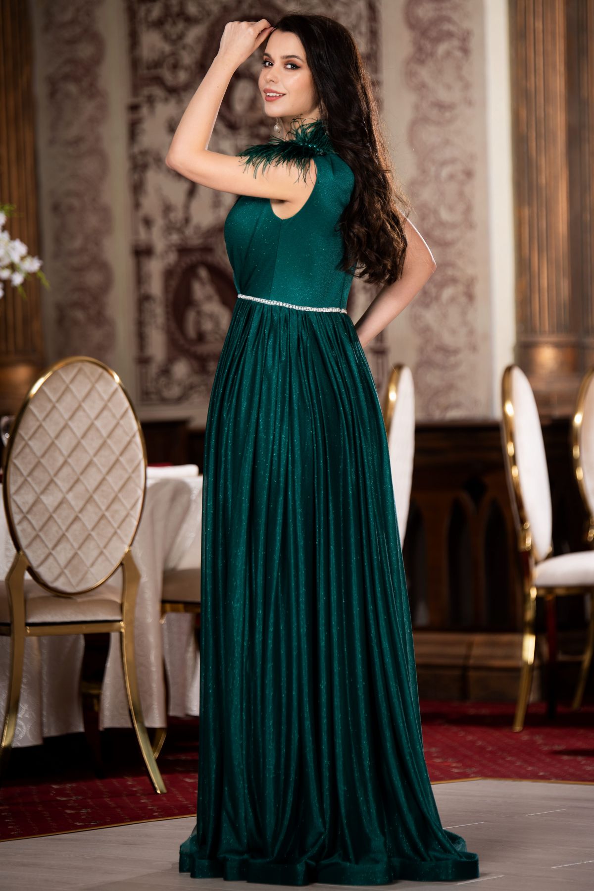Rochie Maia de nasa verde lunga eleganta cu sclipici si accesoriu cu fulgi