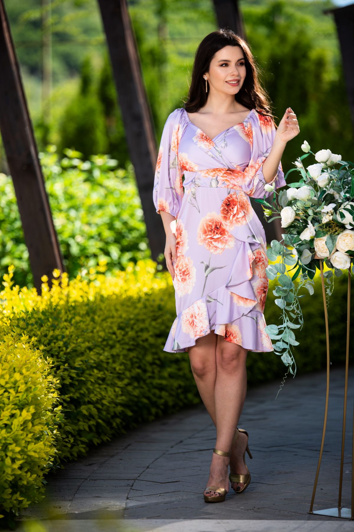 Poze Rochie de zi satinata lila cu imprimeu floral inpuff.ro