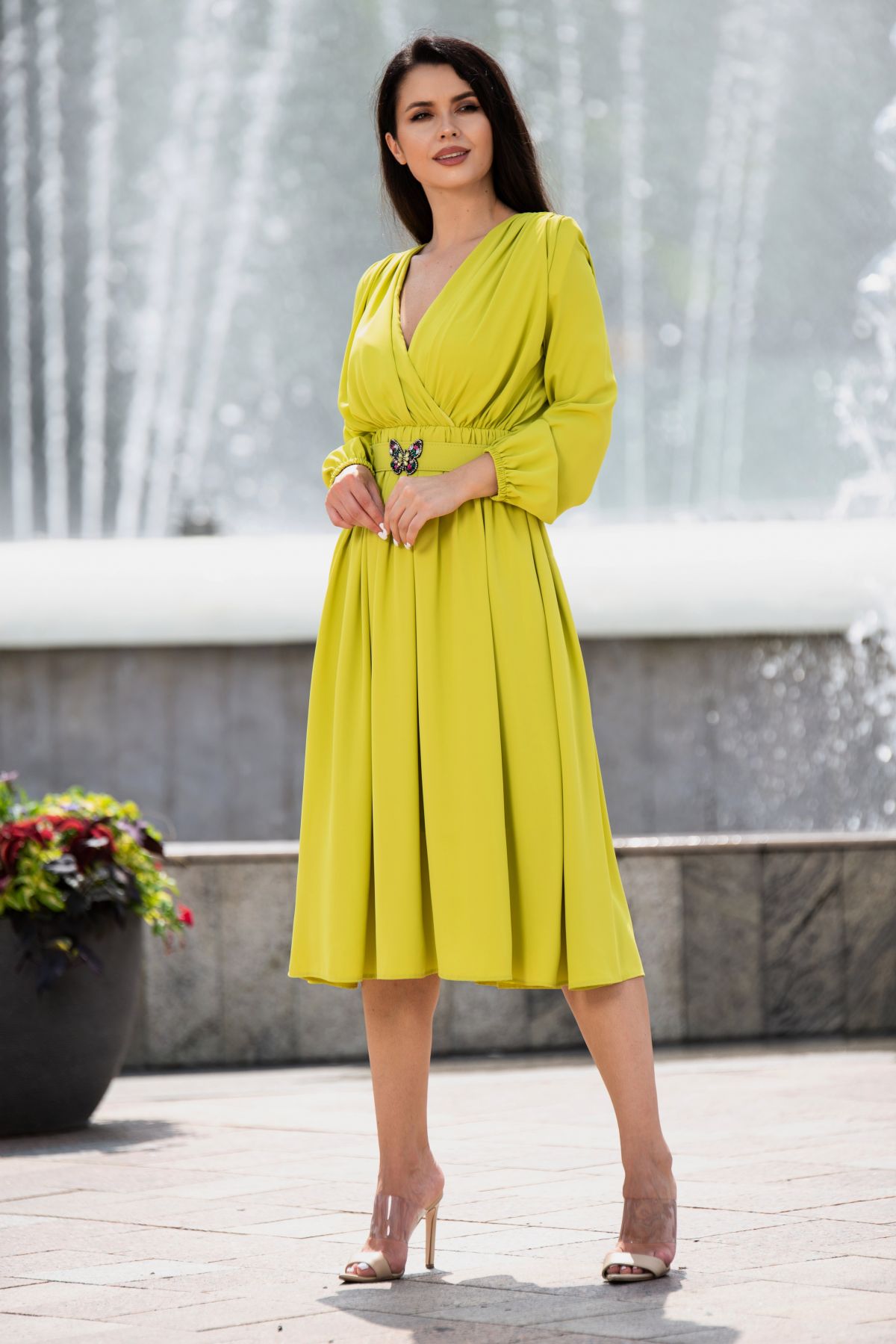 Rochie midi Otilia eleganta olive cu centura in talie