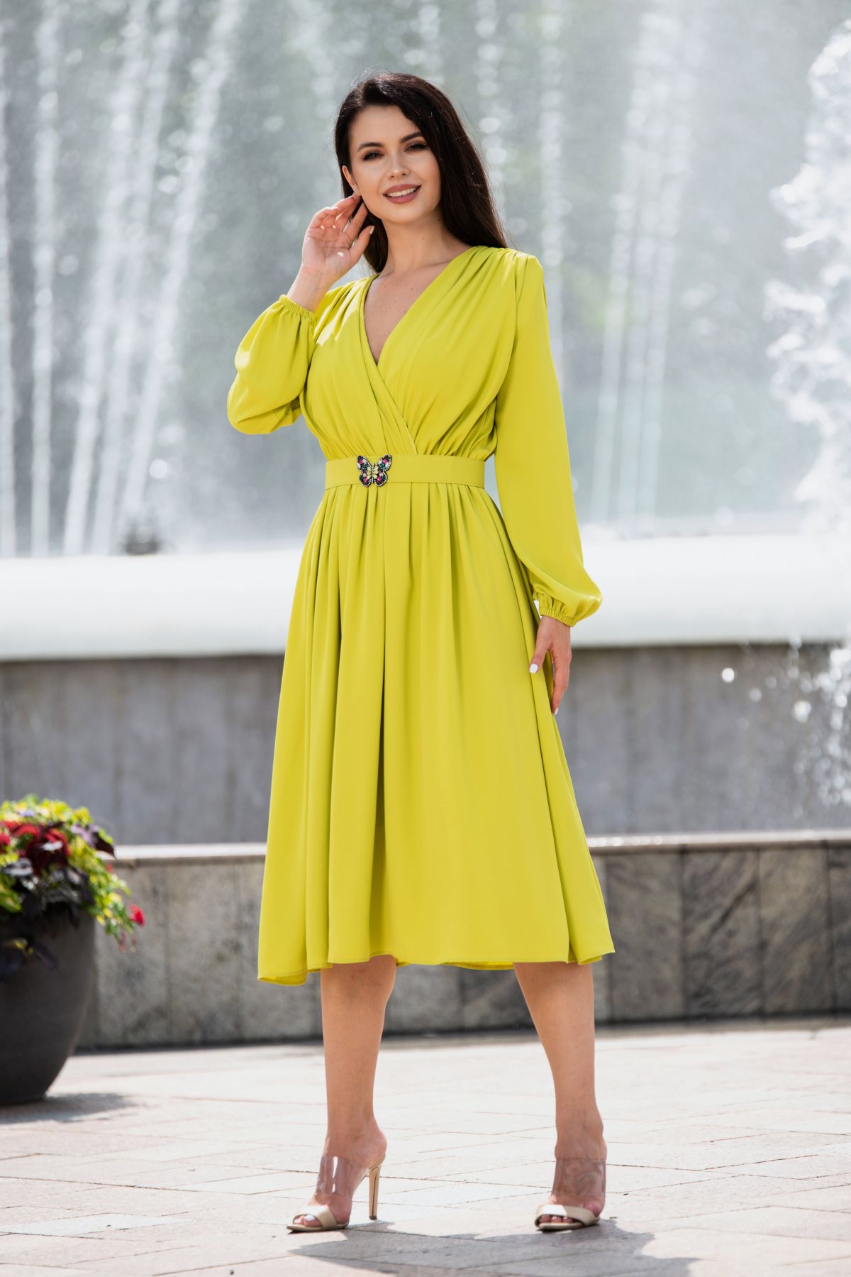 Rochie midi Otilia eleganta olive cu centura in talie