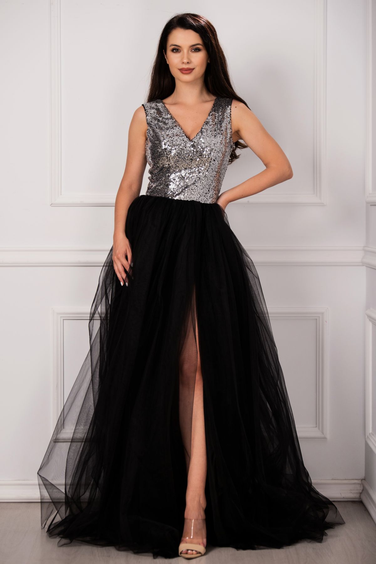 Rochie de seara Cinderella din tulle cu paiete argintii