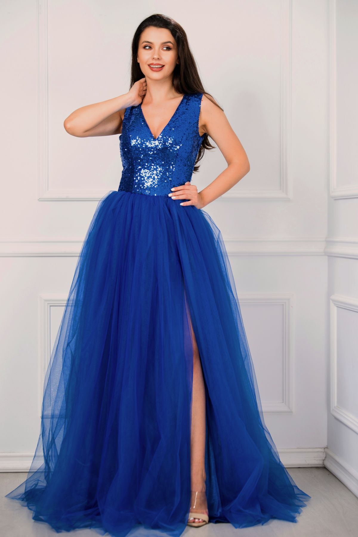 Rochie de seara eleganta Cinderella albastru royal din tulle cu paiete