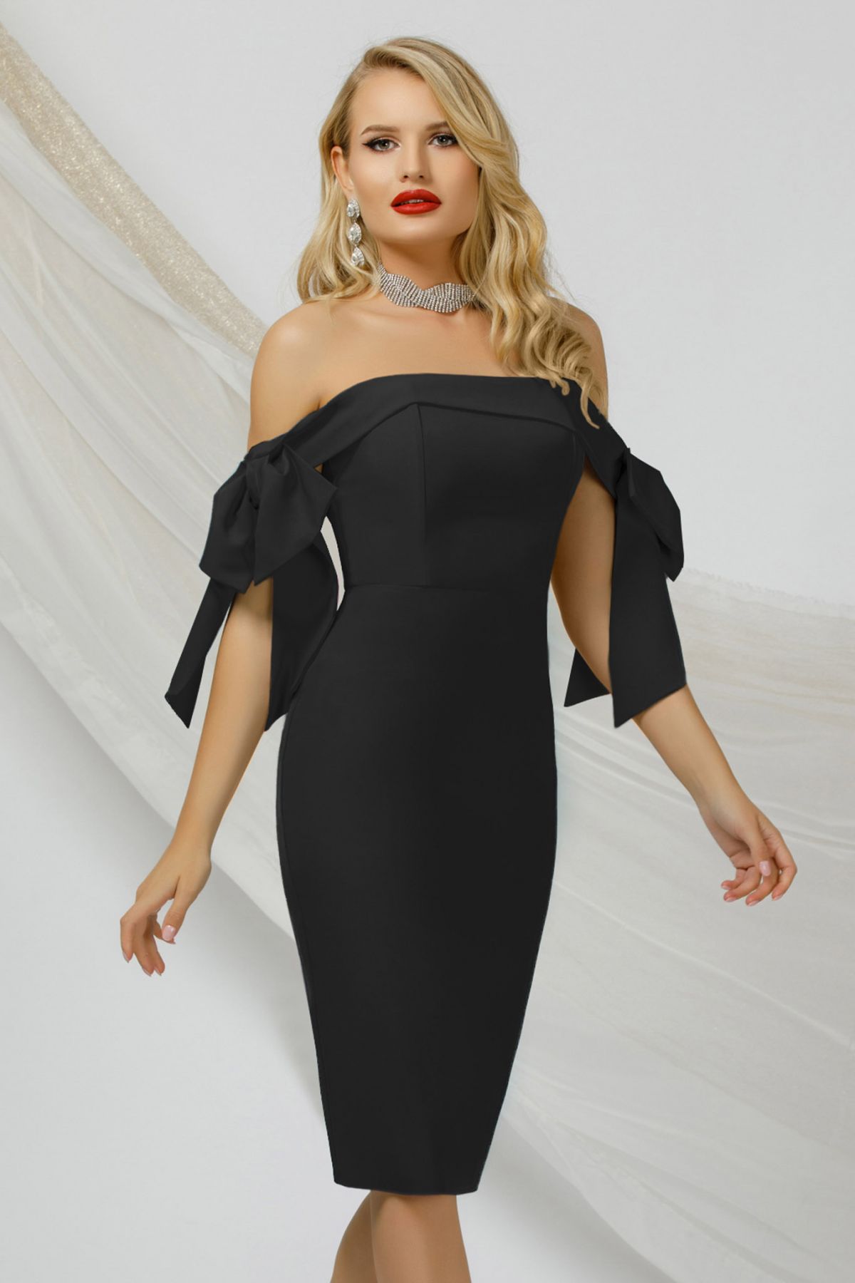 Rochie eleganta Pretty Girl neagra cu umerii goi si funde maxi
