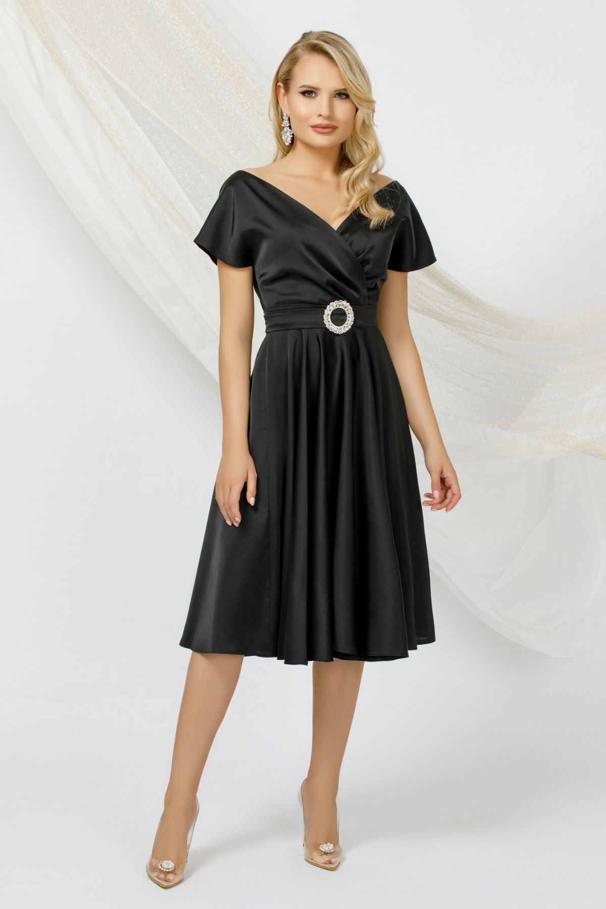 Rochie eleganta Pretty Girl de ocazie neagra in clos din tafta