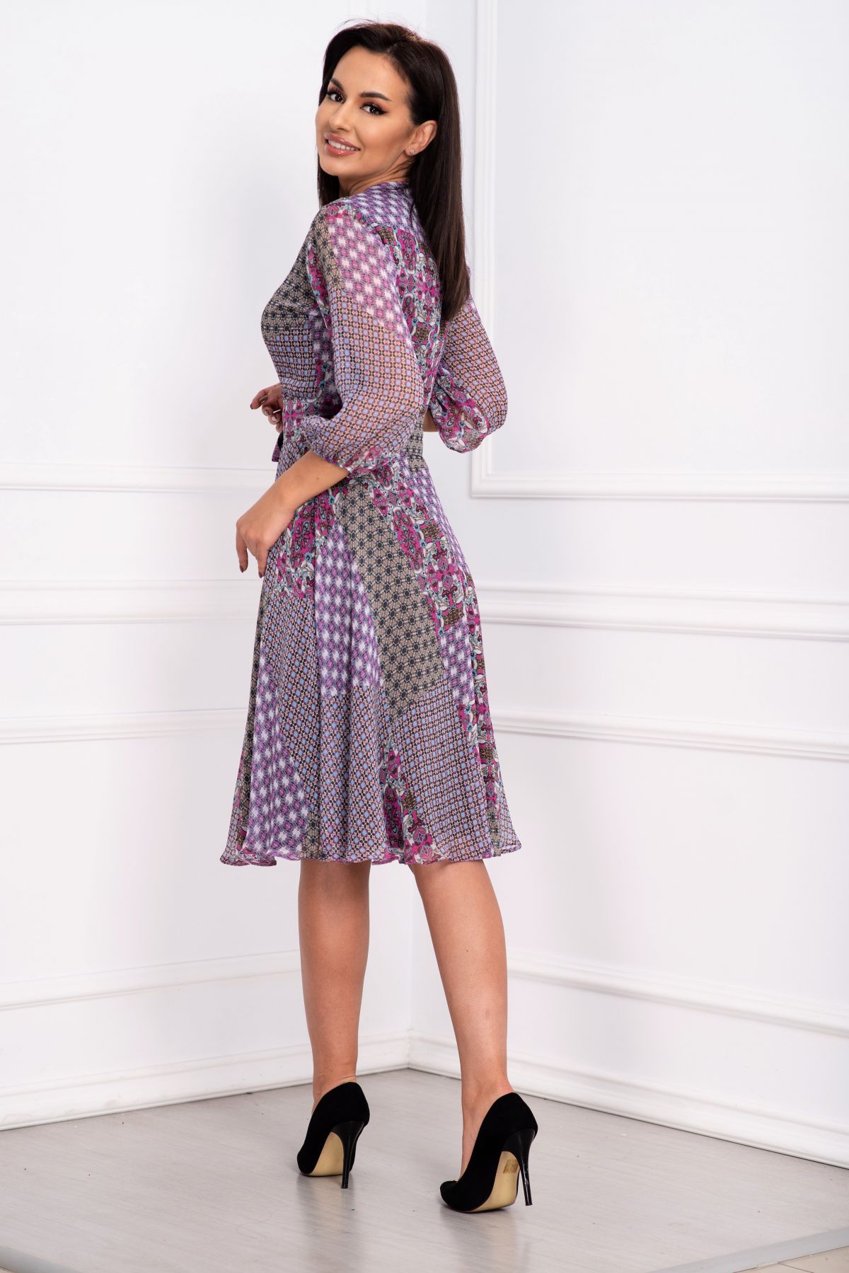 Rochie de zi Effect din voal texturat cu imprimeu tomnatic