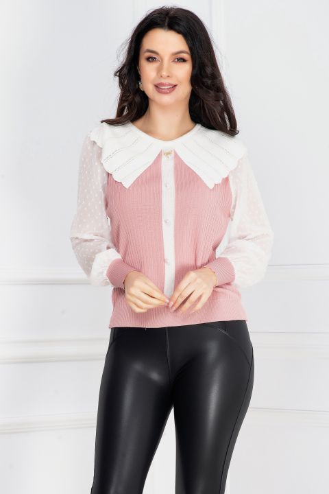 Bluza rose de primavara cu maneci din voal si guler maxi tricotat