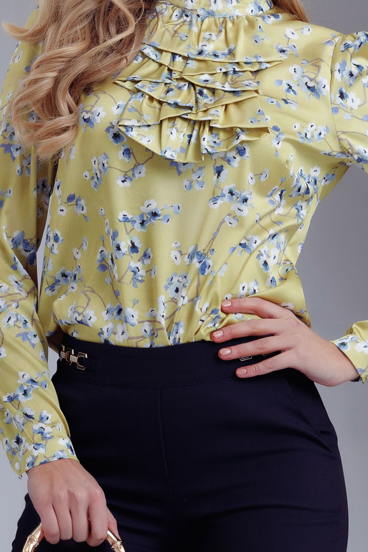 Bluza dama eleganta Fofy galbena cu jabou si imprimeu floral