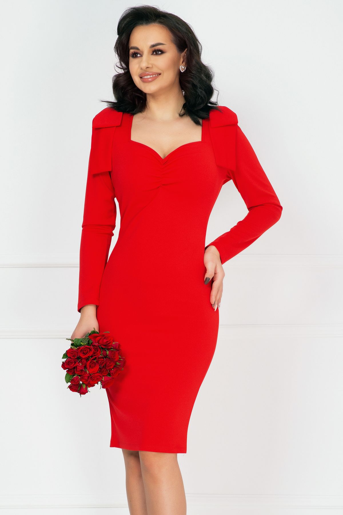 Rochie rosie de cocktail Charlotte cu fronseuri si fundite maxi