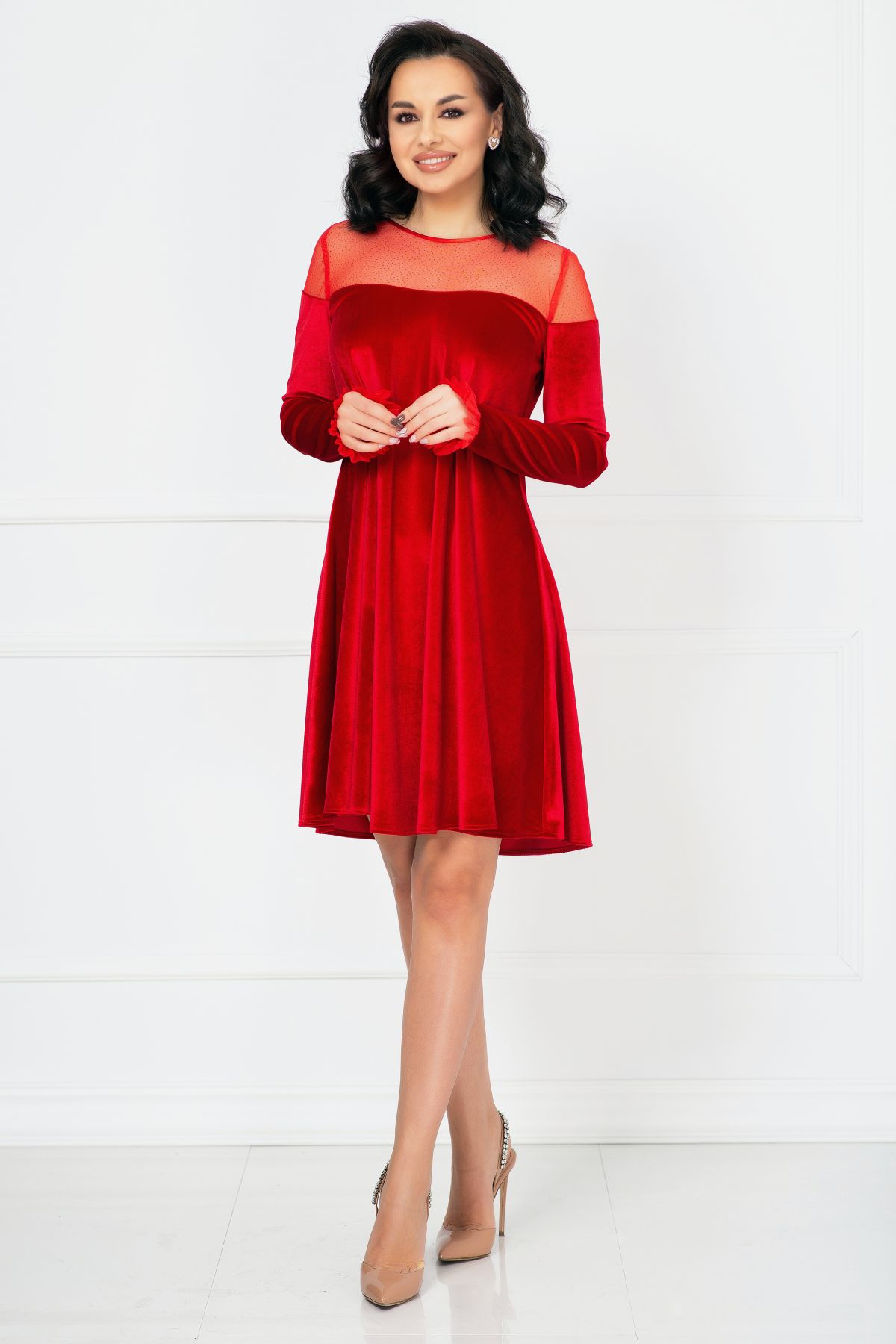 Rochie de ocazie rosie lejera cu insertii din tulle cu sclipici