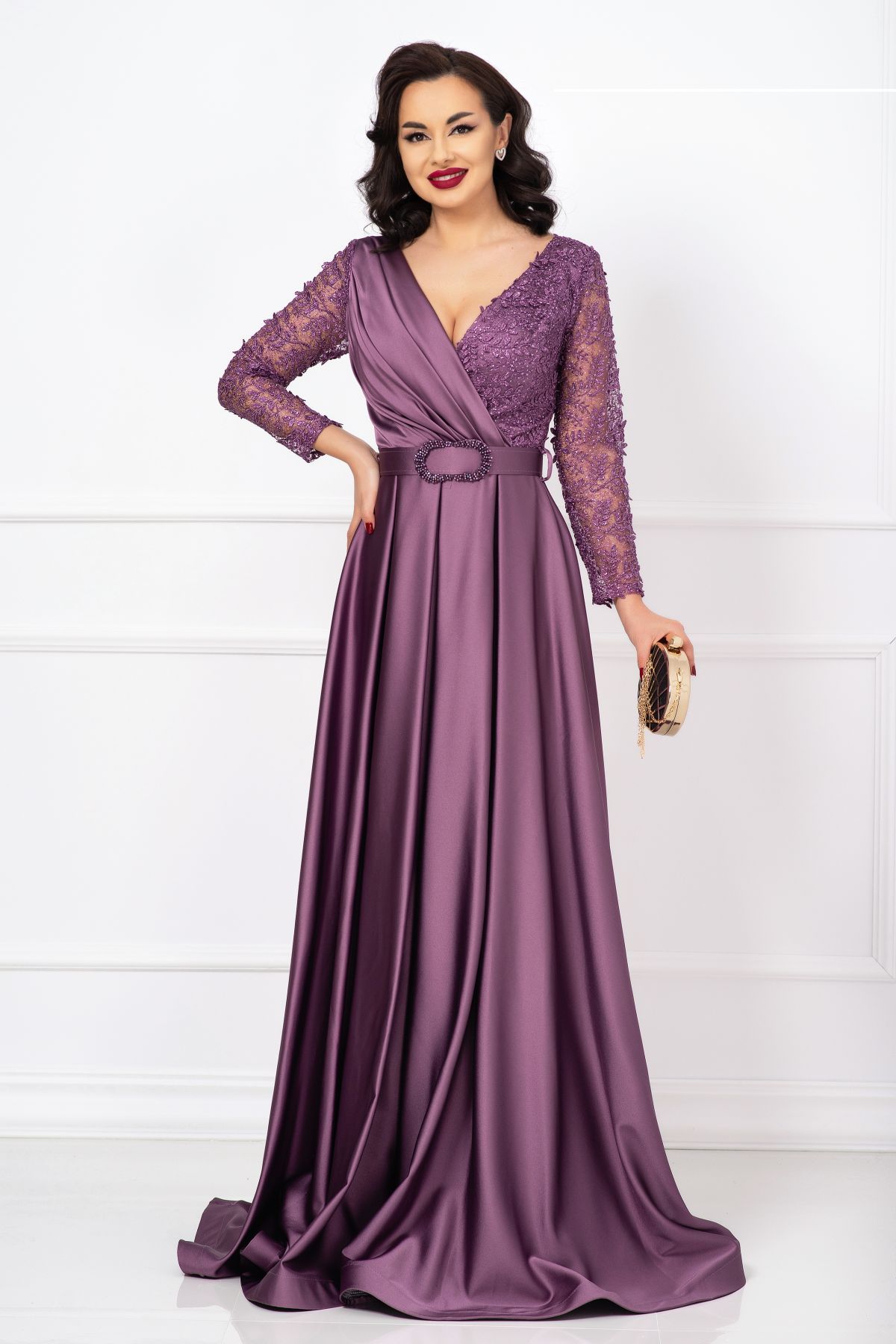 Rochie de soacra Marilyn mov lunga cu fronseuri si maneci pretioase brodate