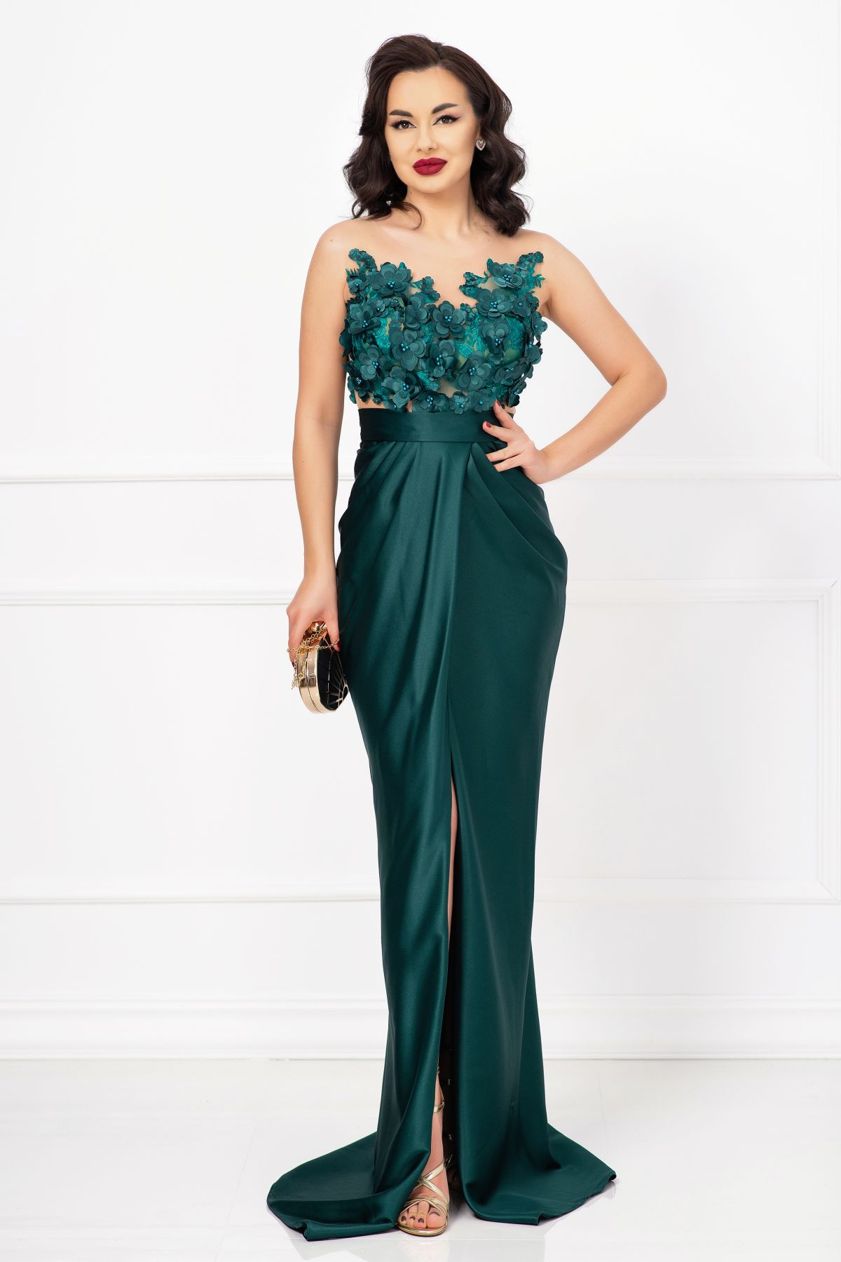 Rochie eleganta tip sirena claire verde cu flori 3d si fronseuri