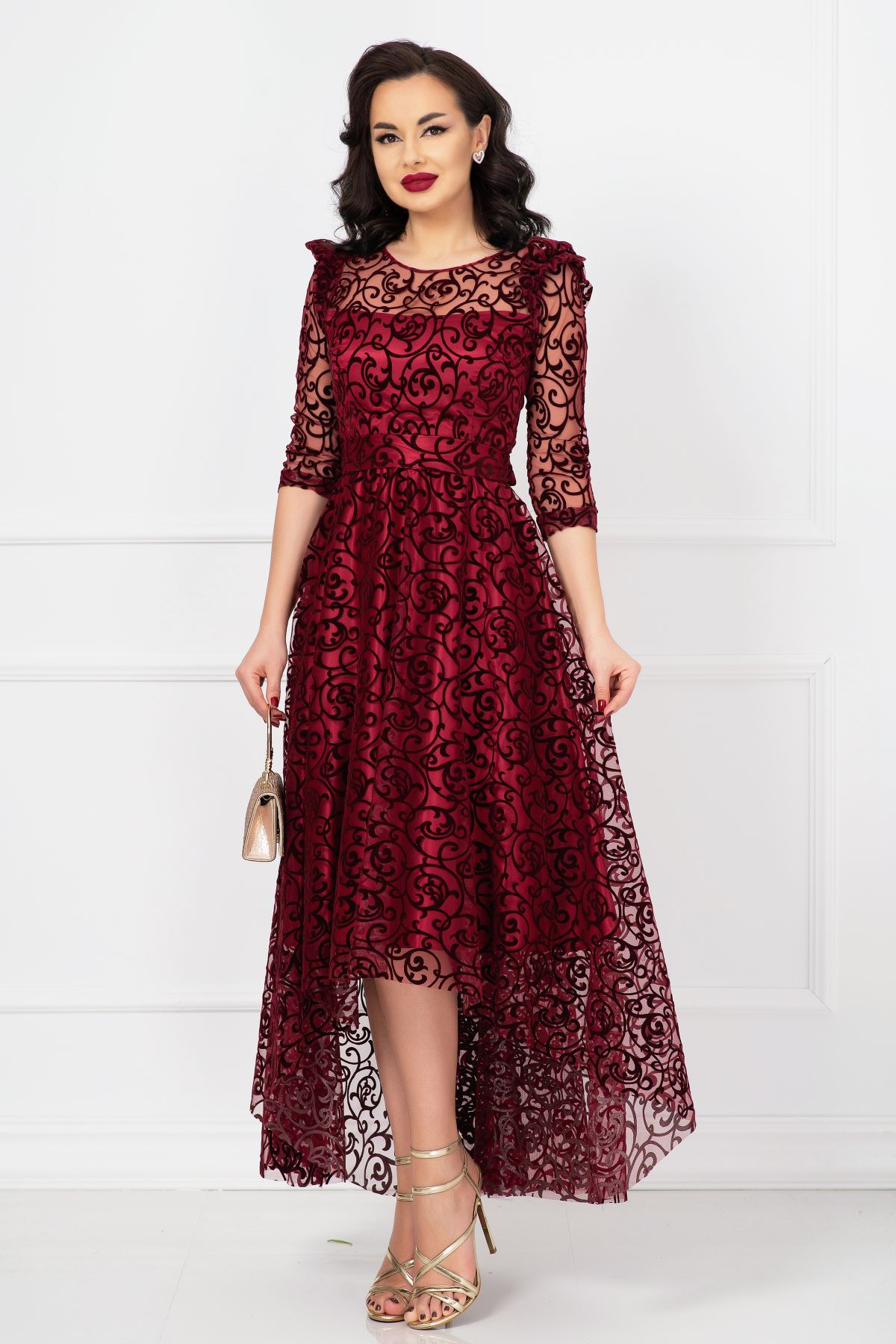Rochie de ocazie asimetrica Francesca bordo cu model din catifea