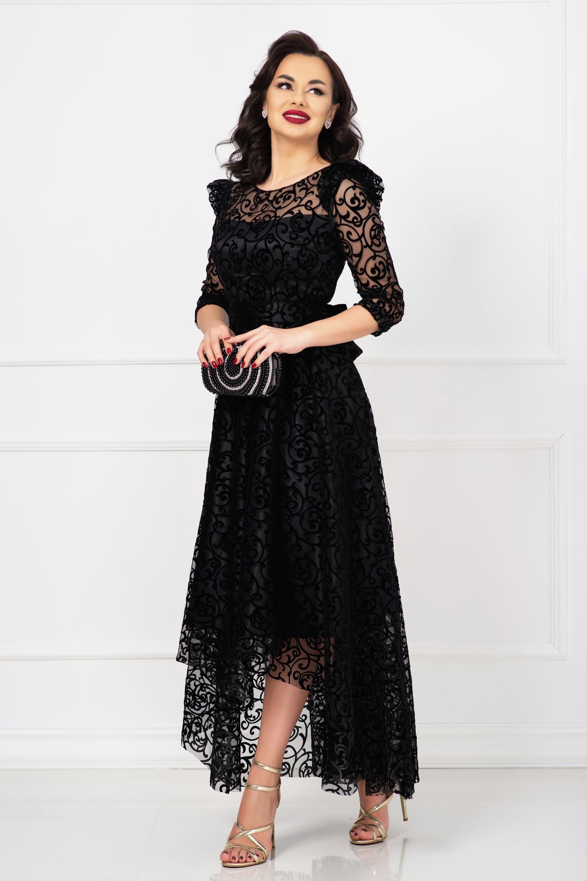 Rochie de ocazie neagra asimetrica Francesca cu model din catifea