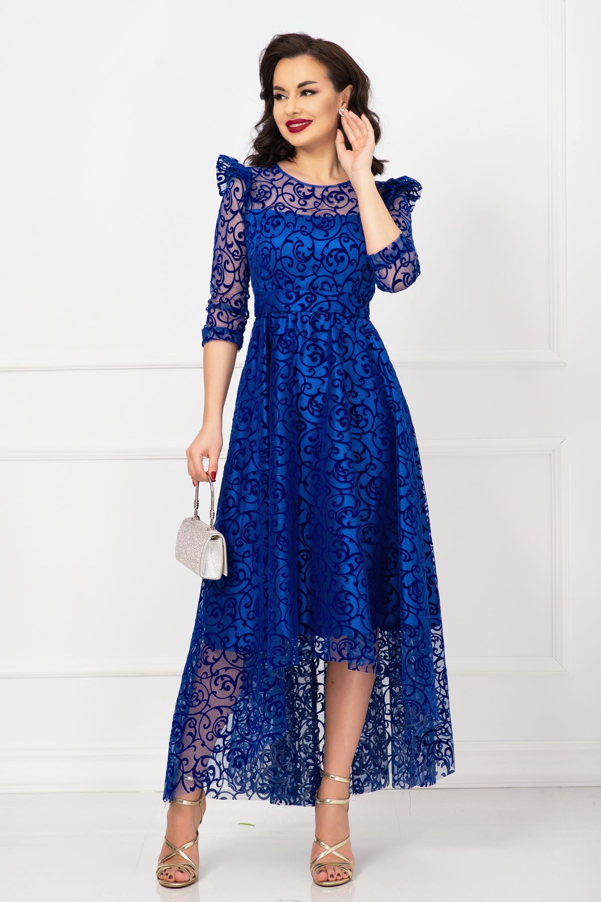 Rochie asimetrica de ocazie albastru royal Francesca cu model din catifea
