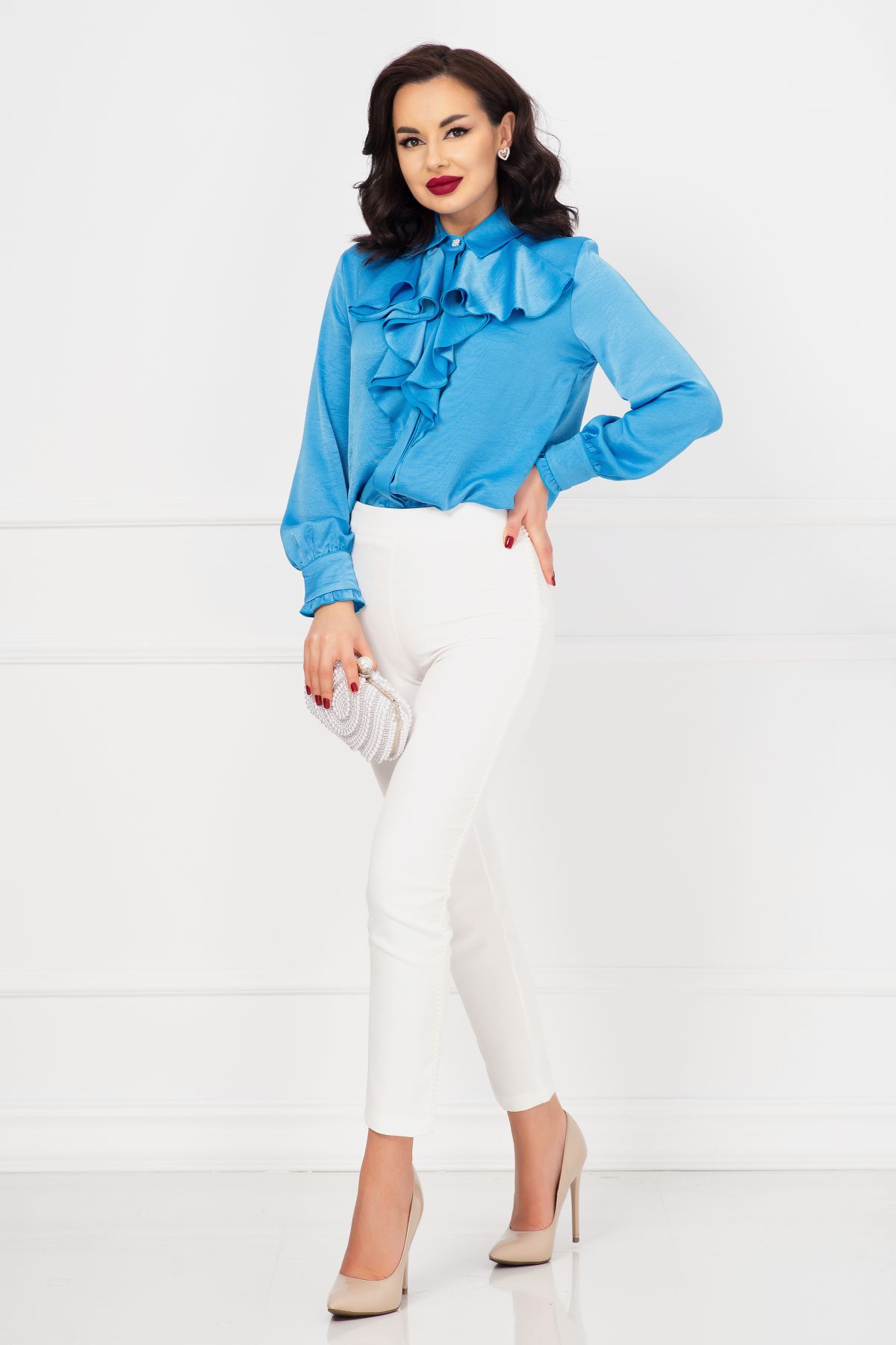 Camasa eleganta bleu texturata cu jabou amplu