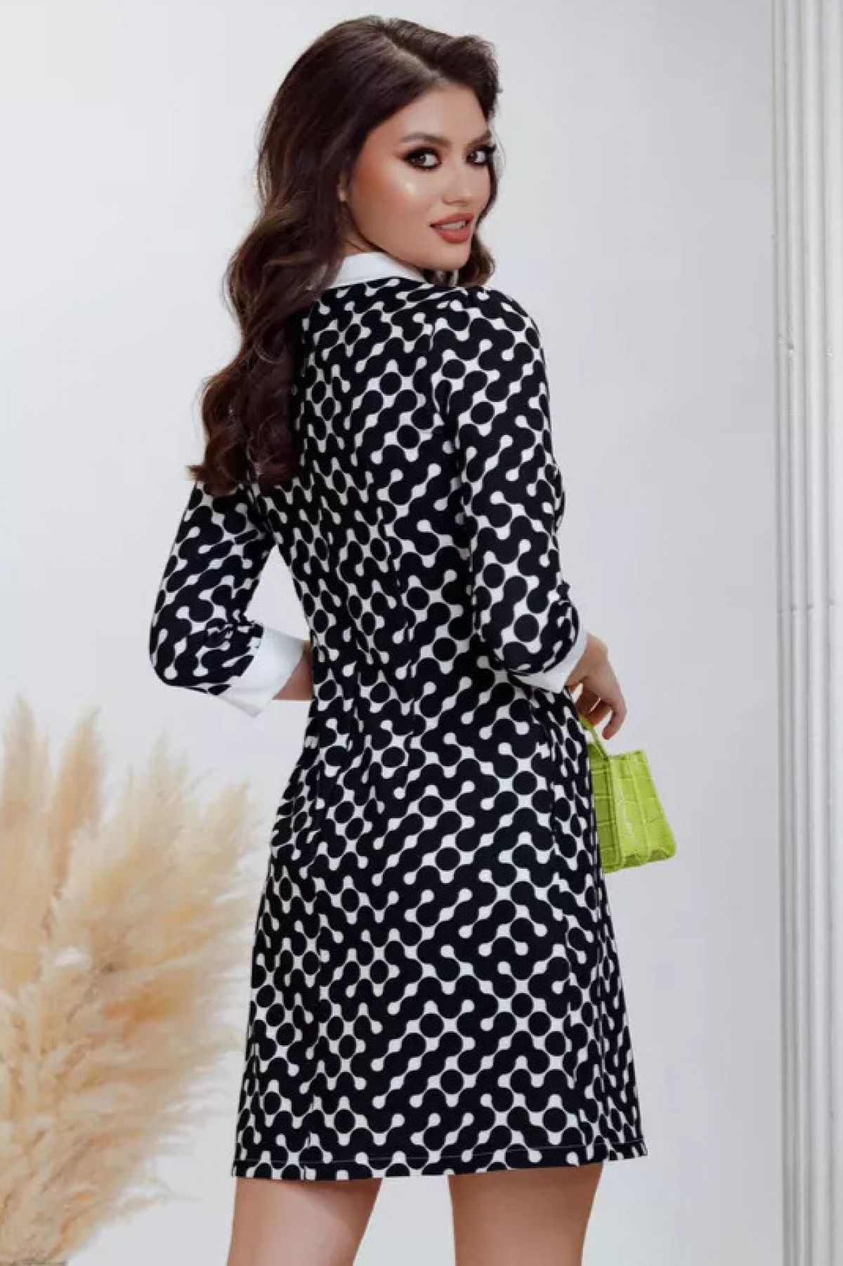 Rochie office Fofy in A cu imprimeu grafic si guler alb