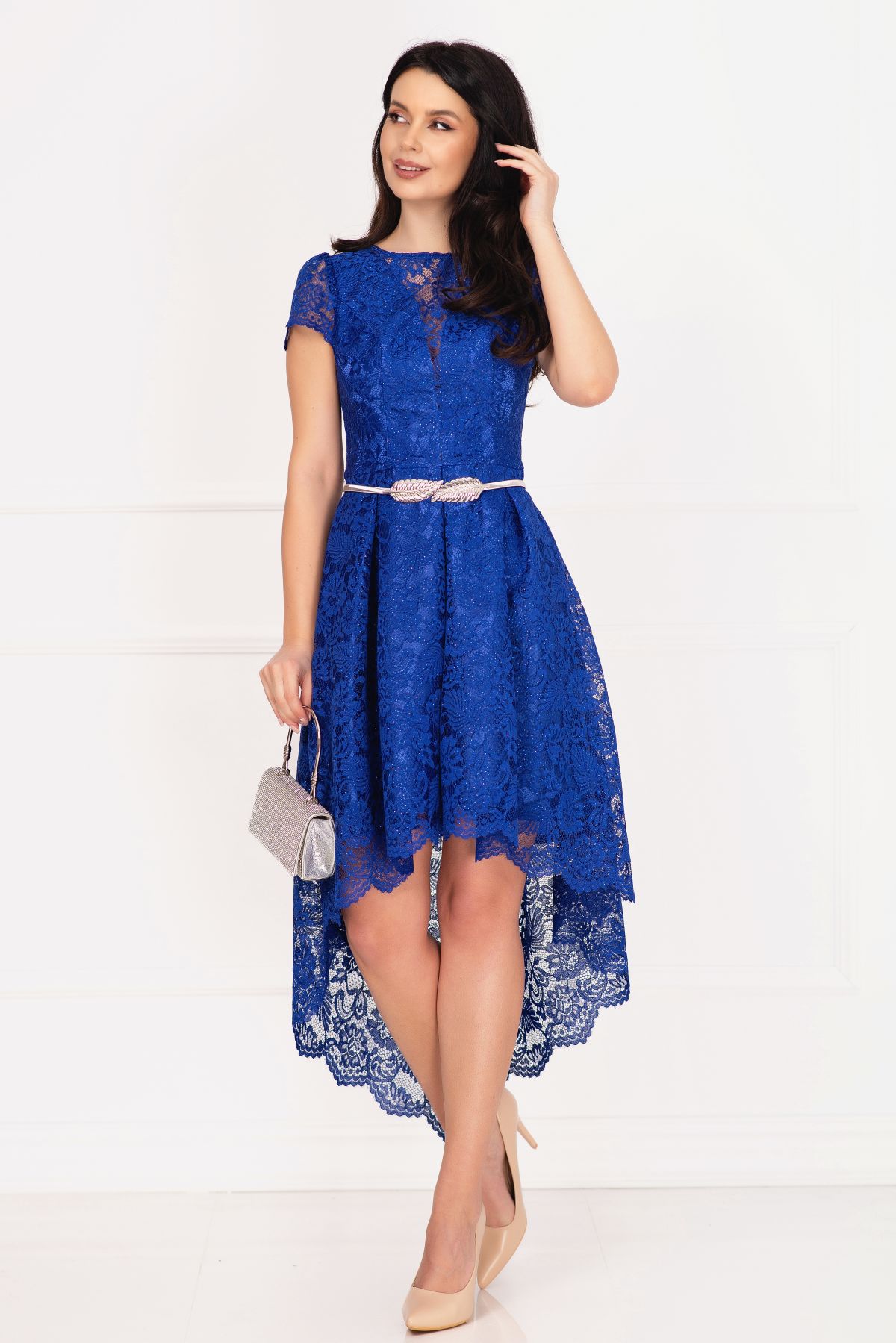Rochie eleganta de ocazie albastru-royal asimetrica cu sclipici