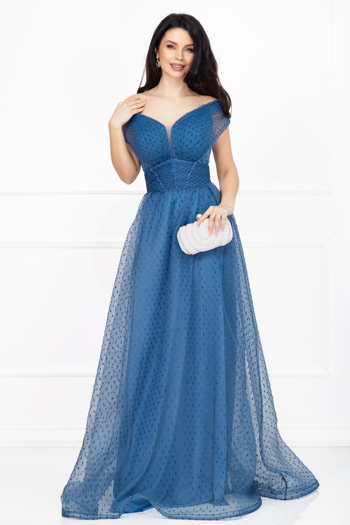 Rochie de seara Cindy eleganta tip printesa bleu cu margele decorative