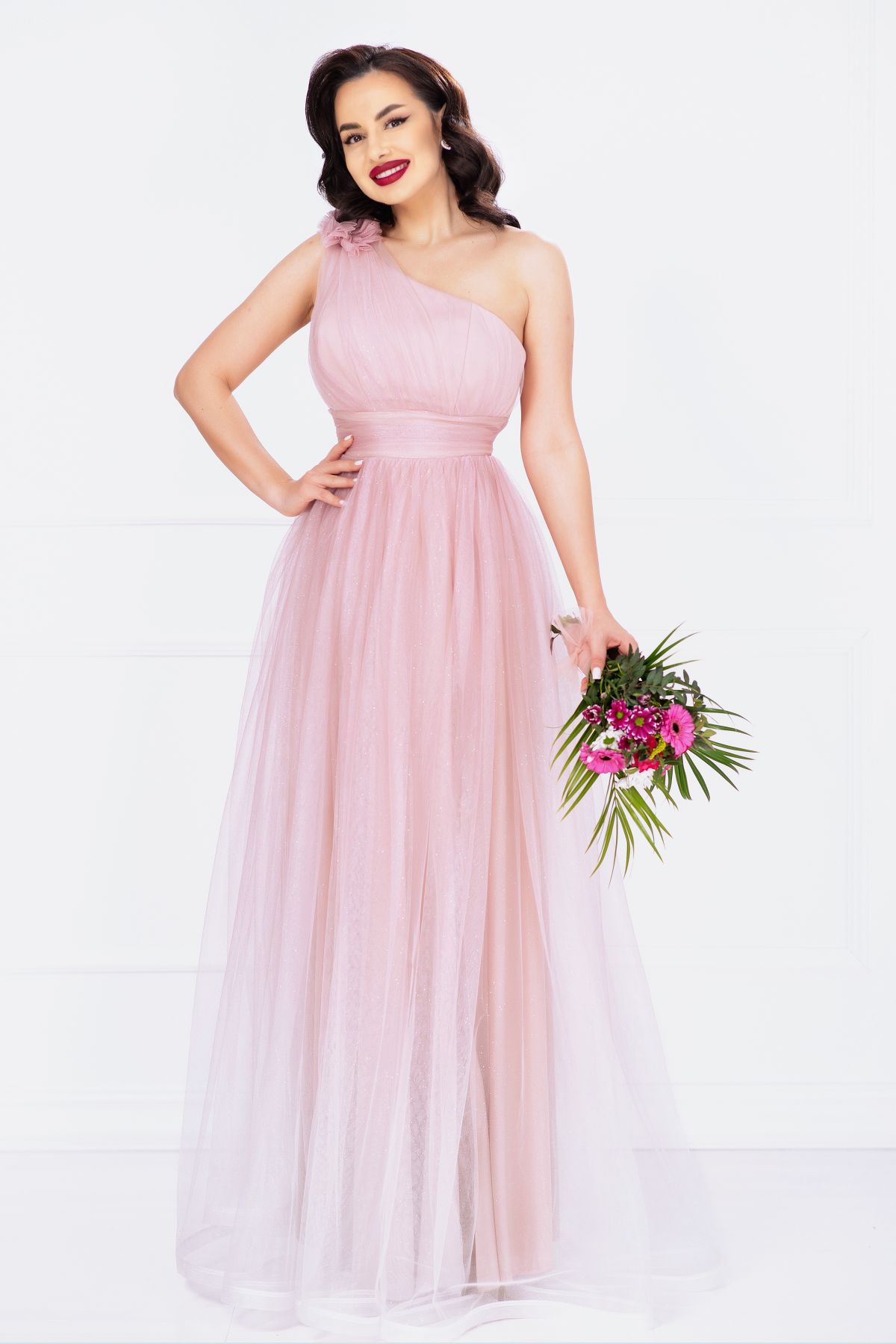 Rochie de seara Kendra lunga rose in degrade eleganta din tulle cu floare 3D