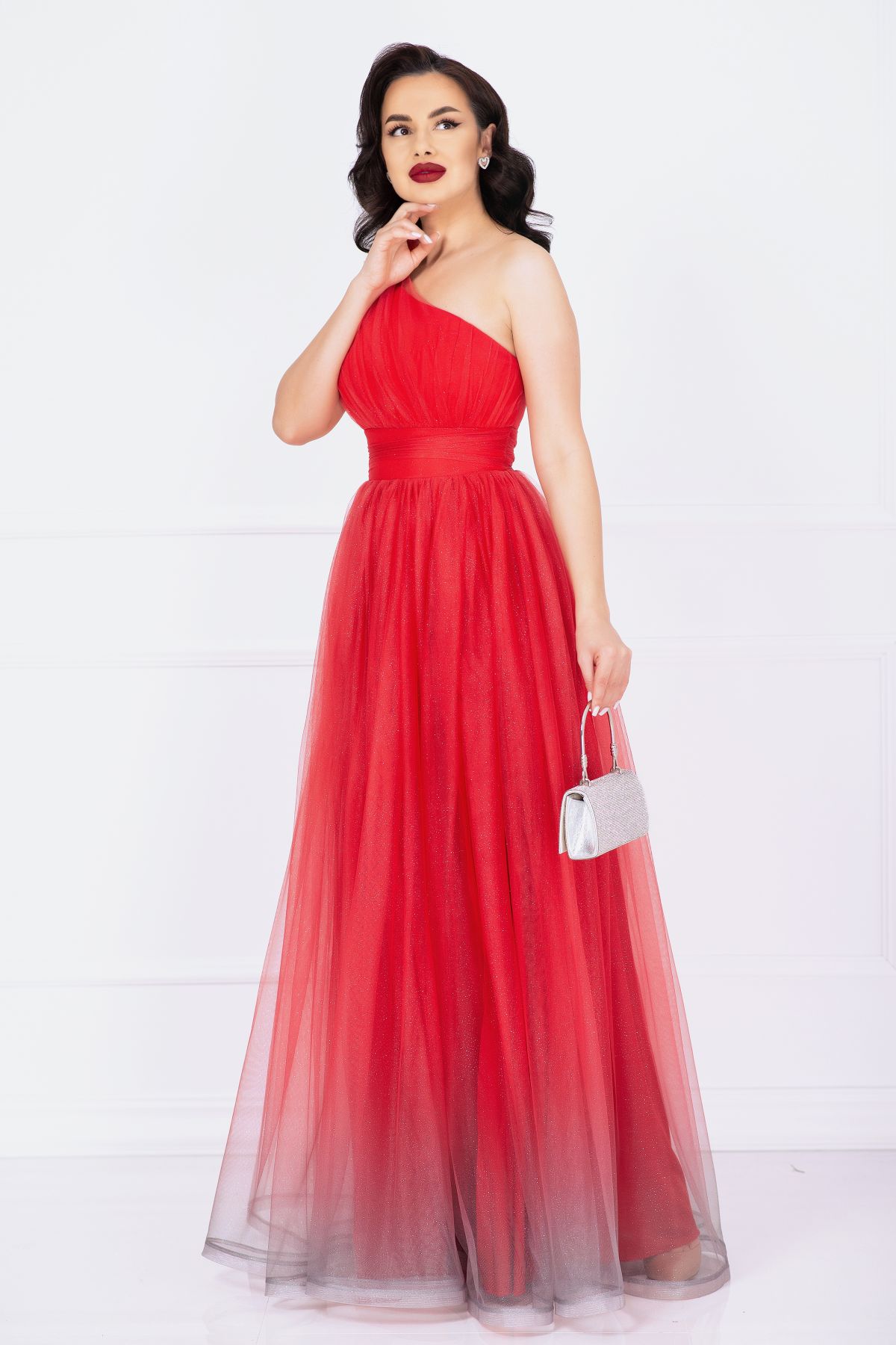 Rochie rosie de nasa Kendra lunga in degrade eleganta din tulle cu floare 3D