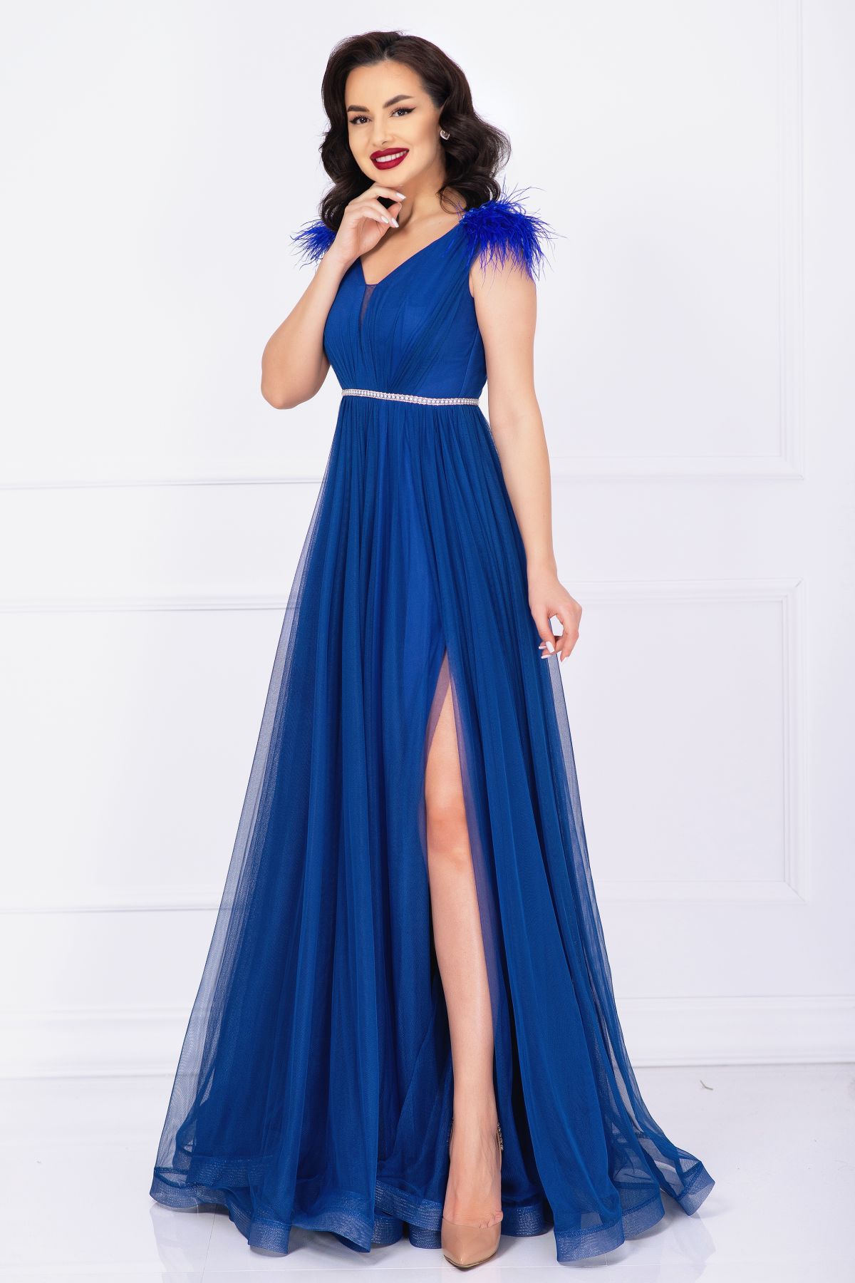 Rochie de seara Gratiela albastru royal cu perle in talie si accesoriu tip fulgi image11
